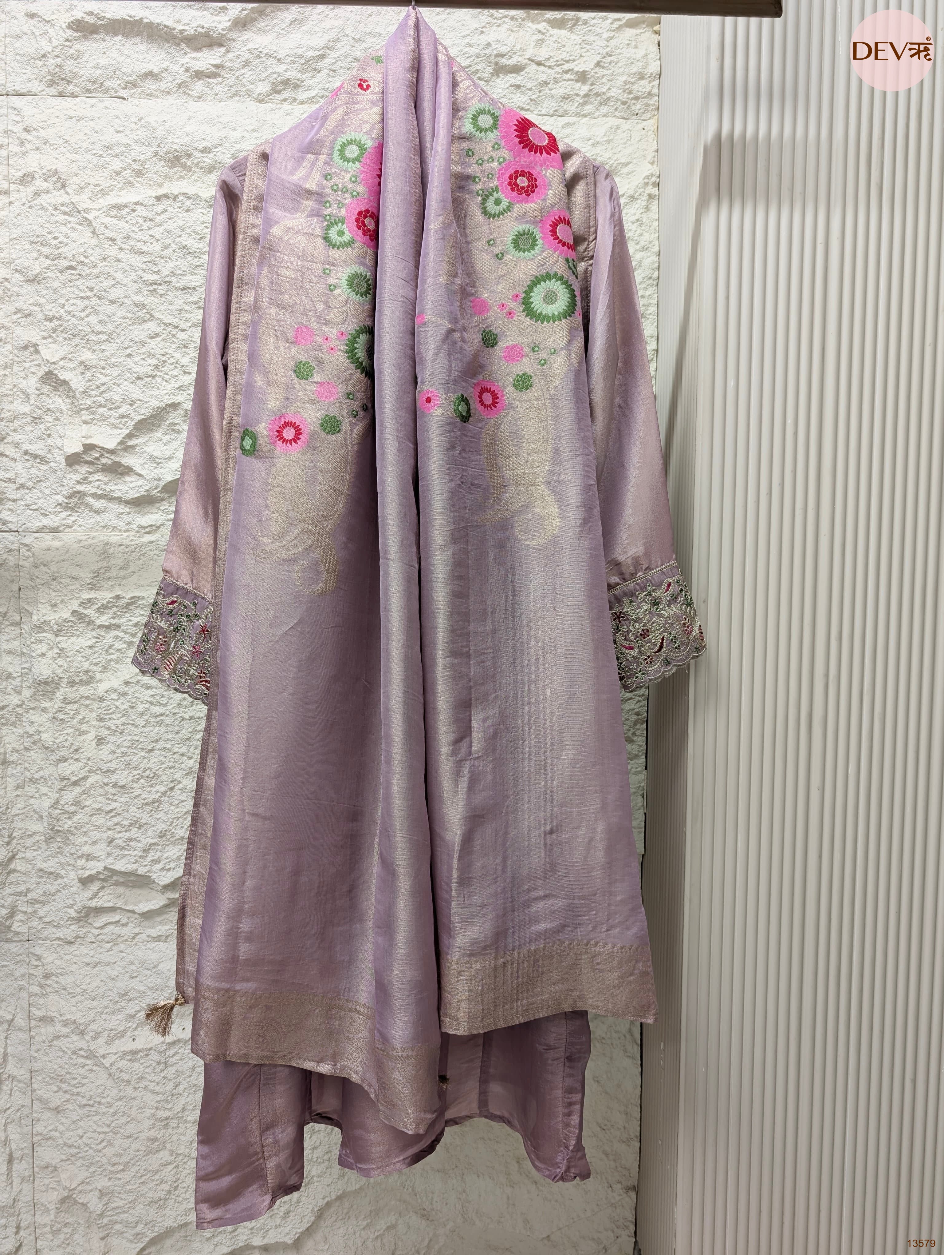 Gulnaar Pure Giraffe Silk Embroidered Lilac 3-Piece Set (Devri – D.No 13579)
