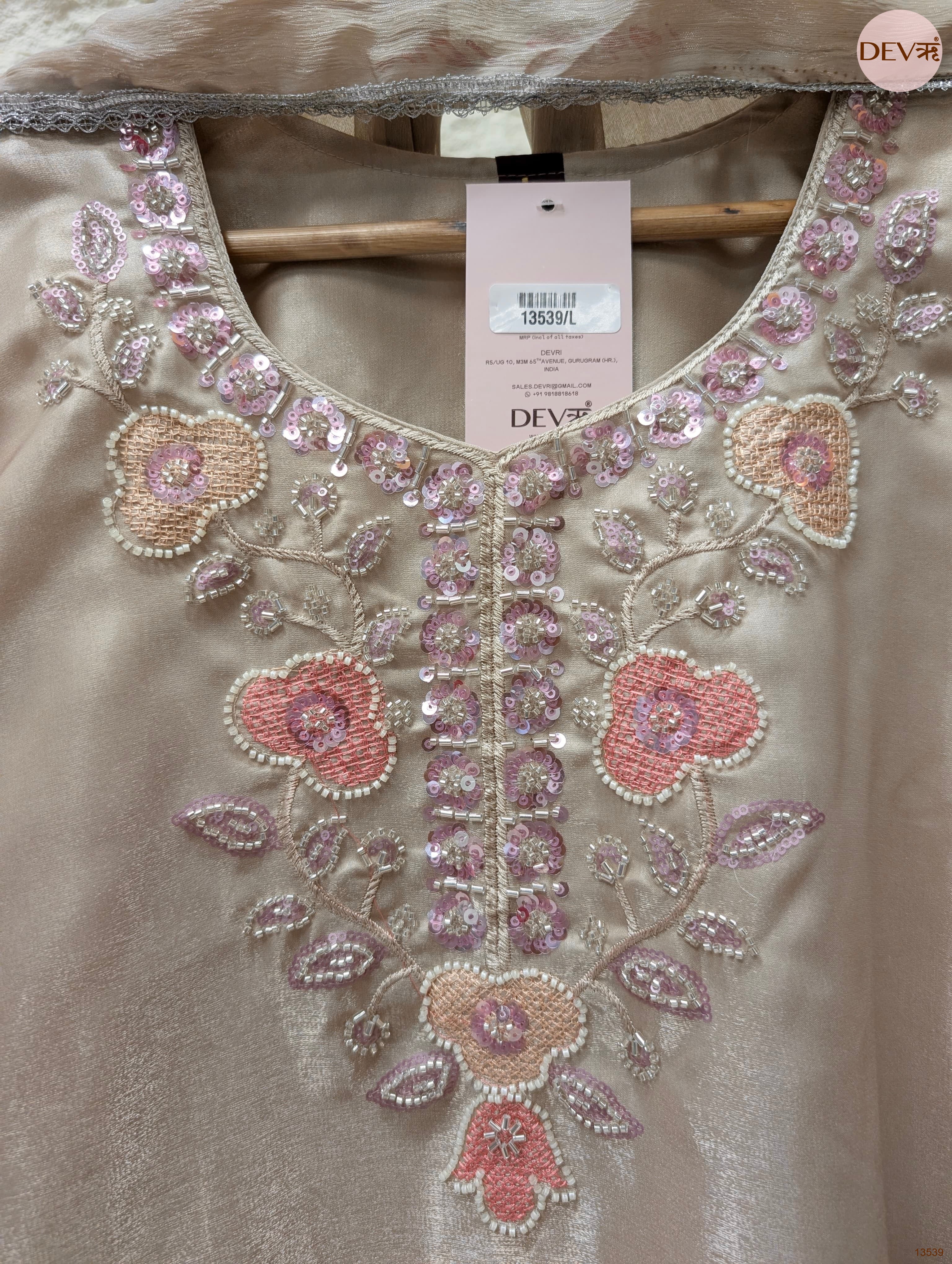 Gulnaar Roman Glass Silk Embroidered Beige 3-Piece Set (Devri – D.No 13539)