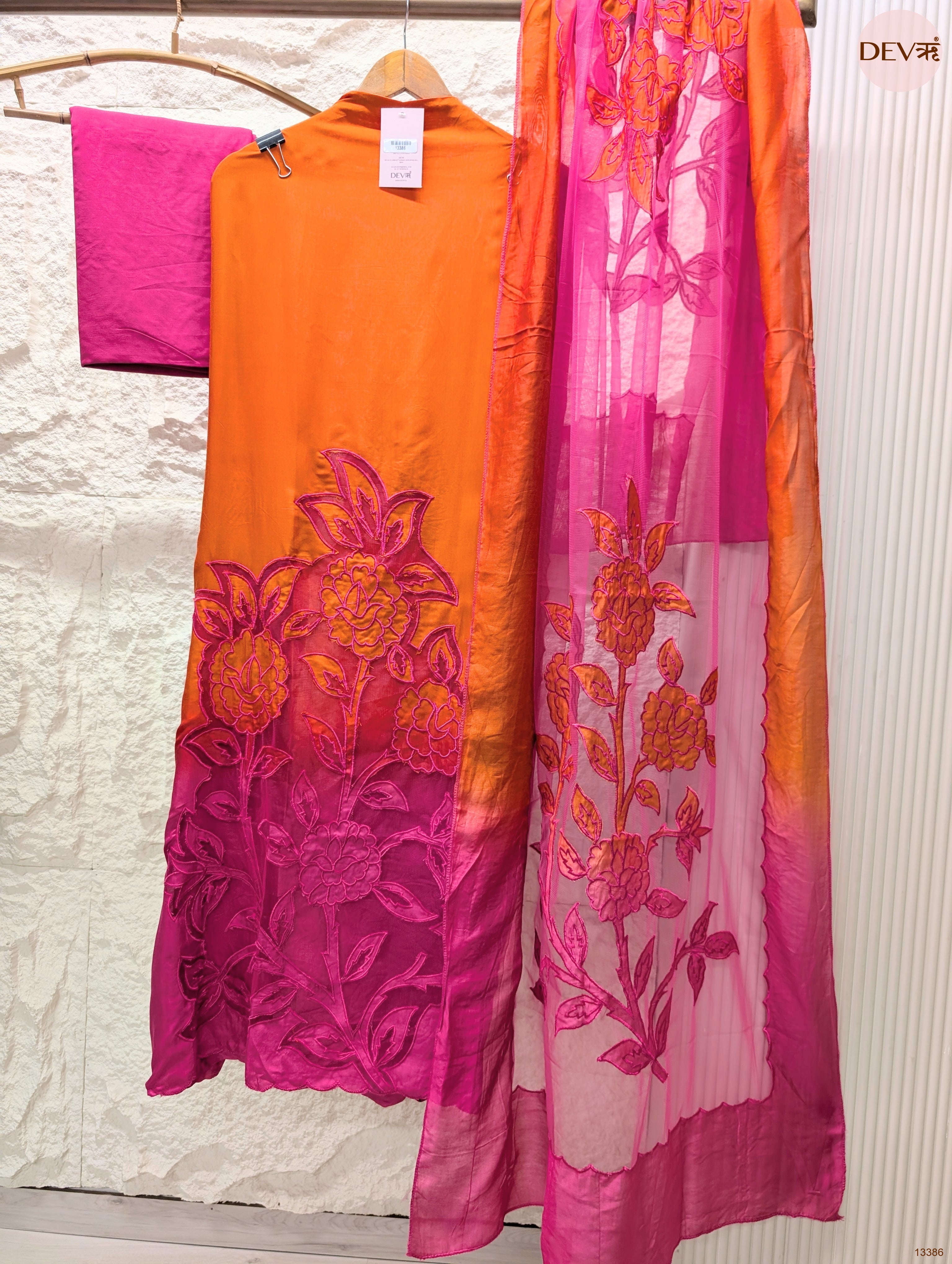 Orange Muslin Embroidered Unstitched 3-Piece Suit (Devri – D.No 13386)