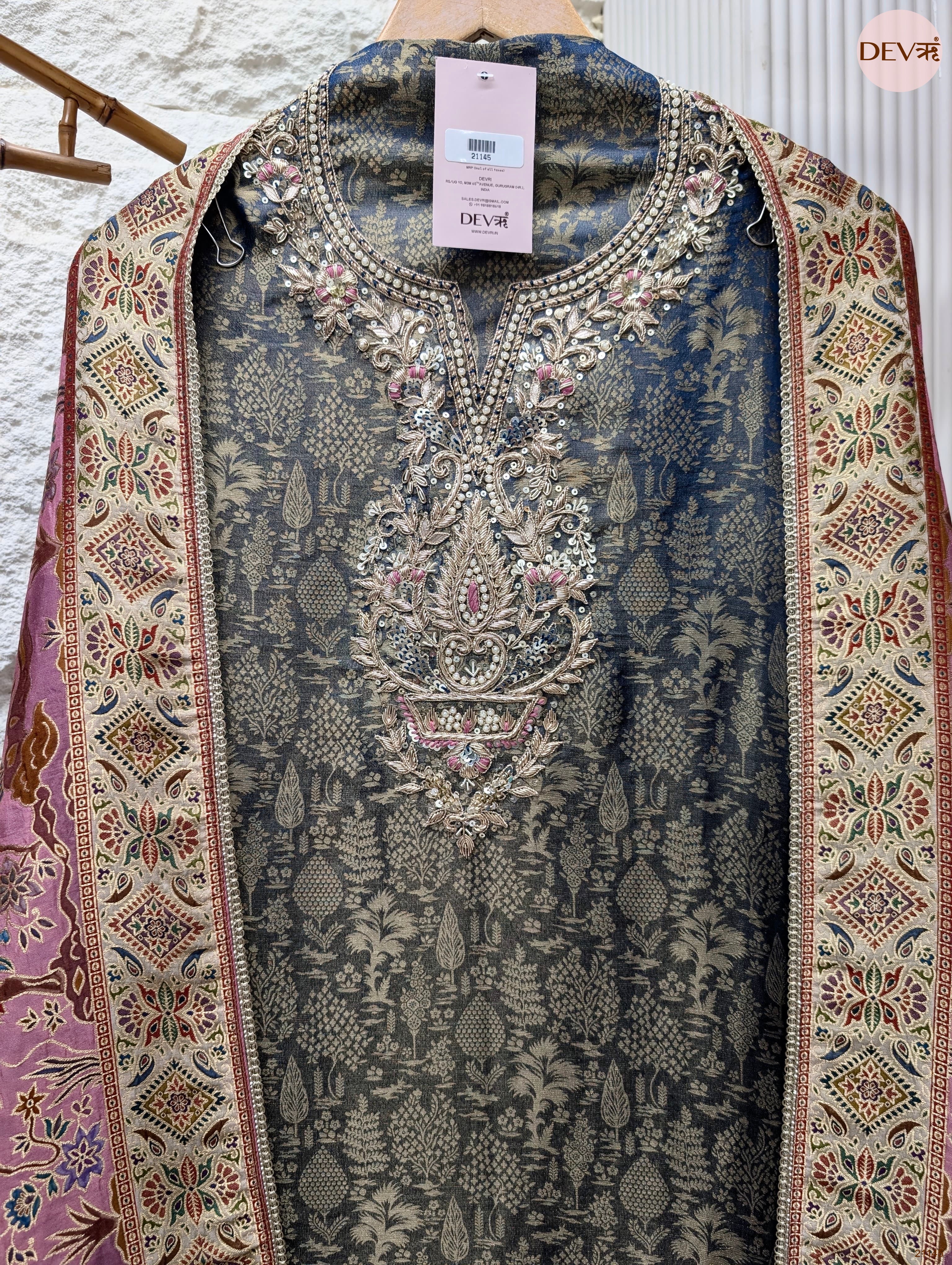 Blue Pure Banarasi Woven Silk Embroidered Unstitched 3-Piece Suit (Devri – D.No 21145)