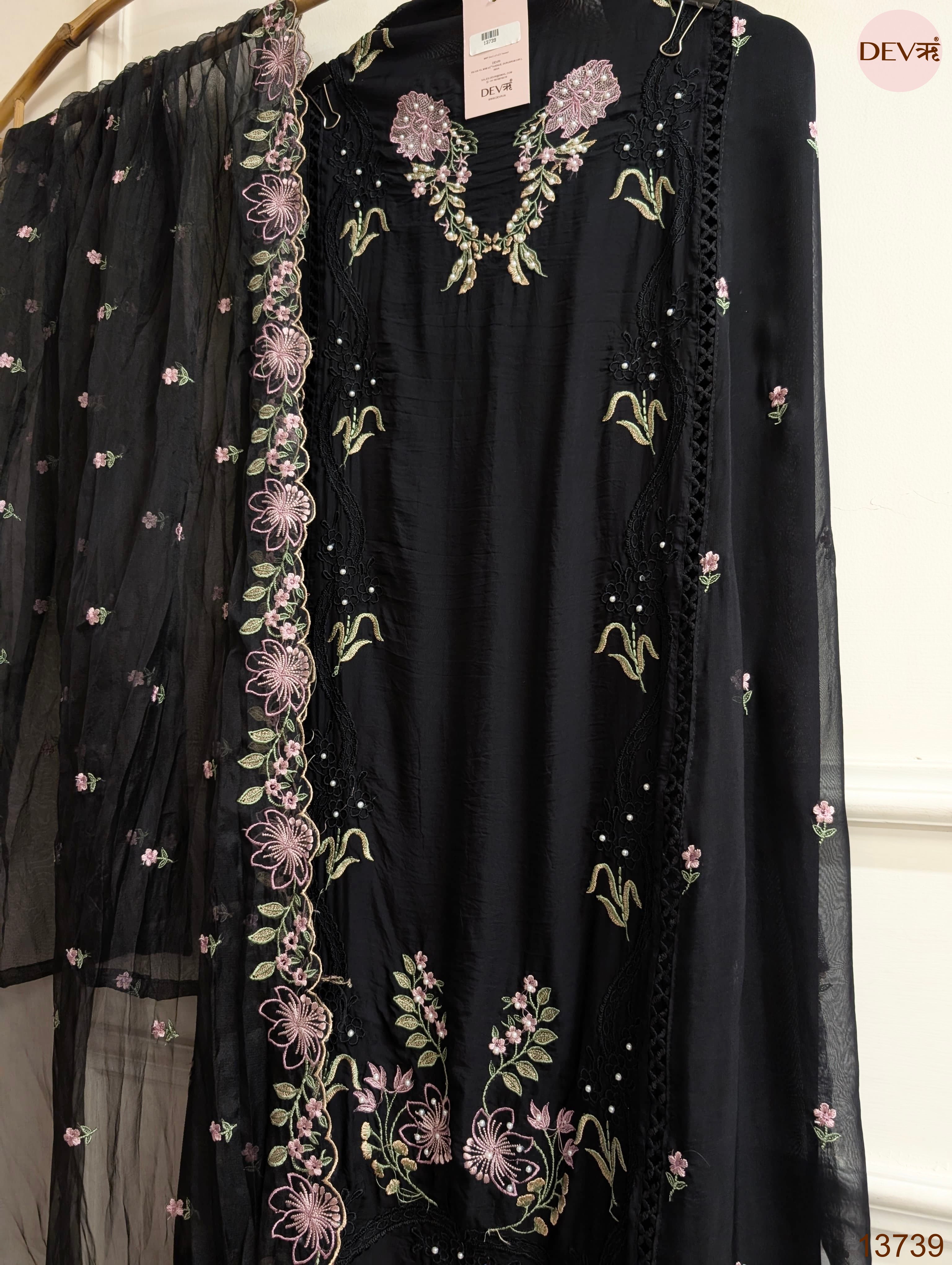 Black Organza Embroidered Unstitched 3-Piece Suit (Devri – D.No 13739)