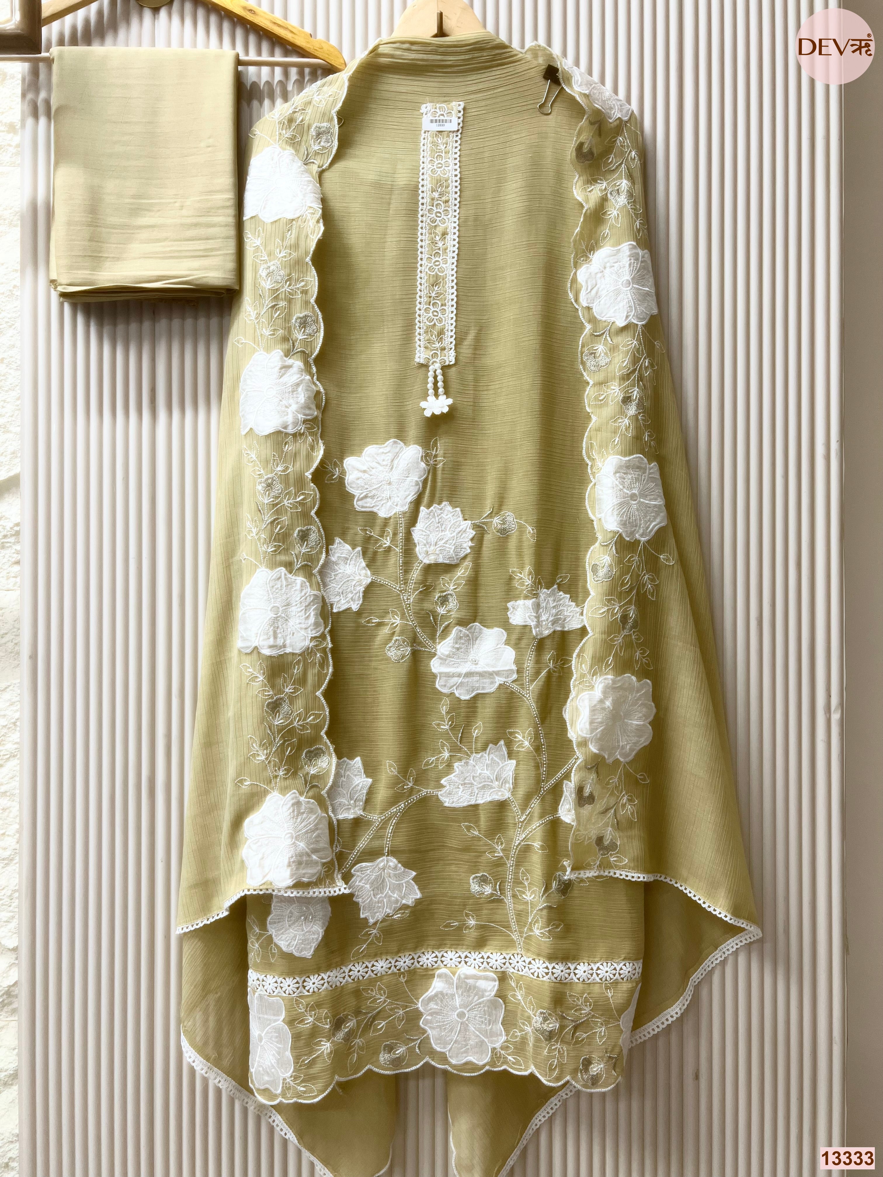 Olive Mul Chanderi Crush Embroidered Unstitched 3-Piece Suit (Devri – D.No 13333)