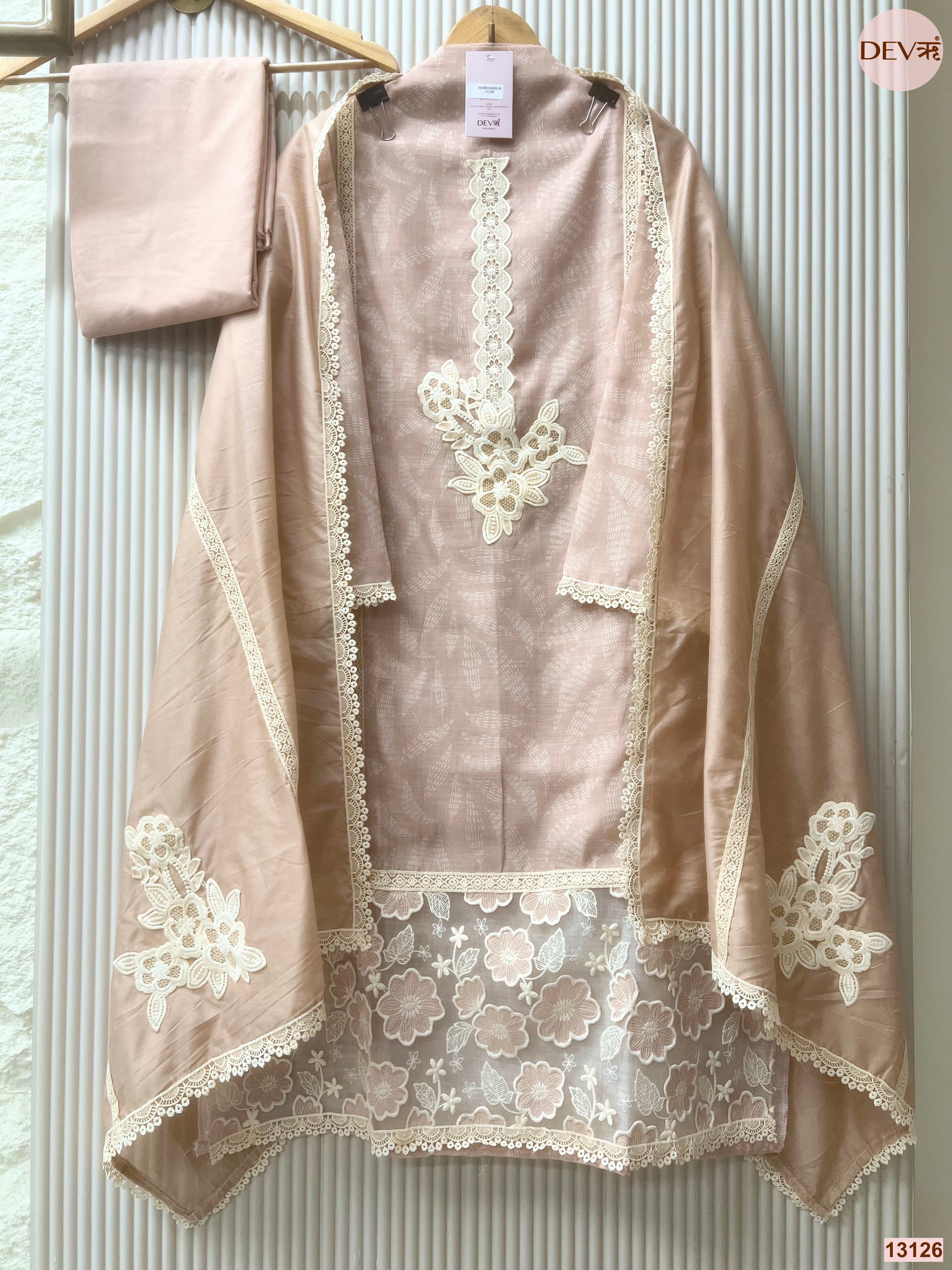 Peach Linen Cotton Embroidered Unstitched 3-Piece Suit (Devri – D.No 13126)