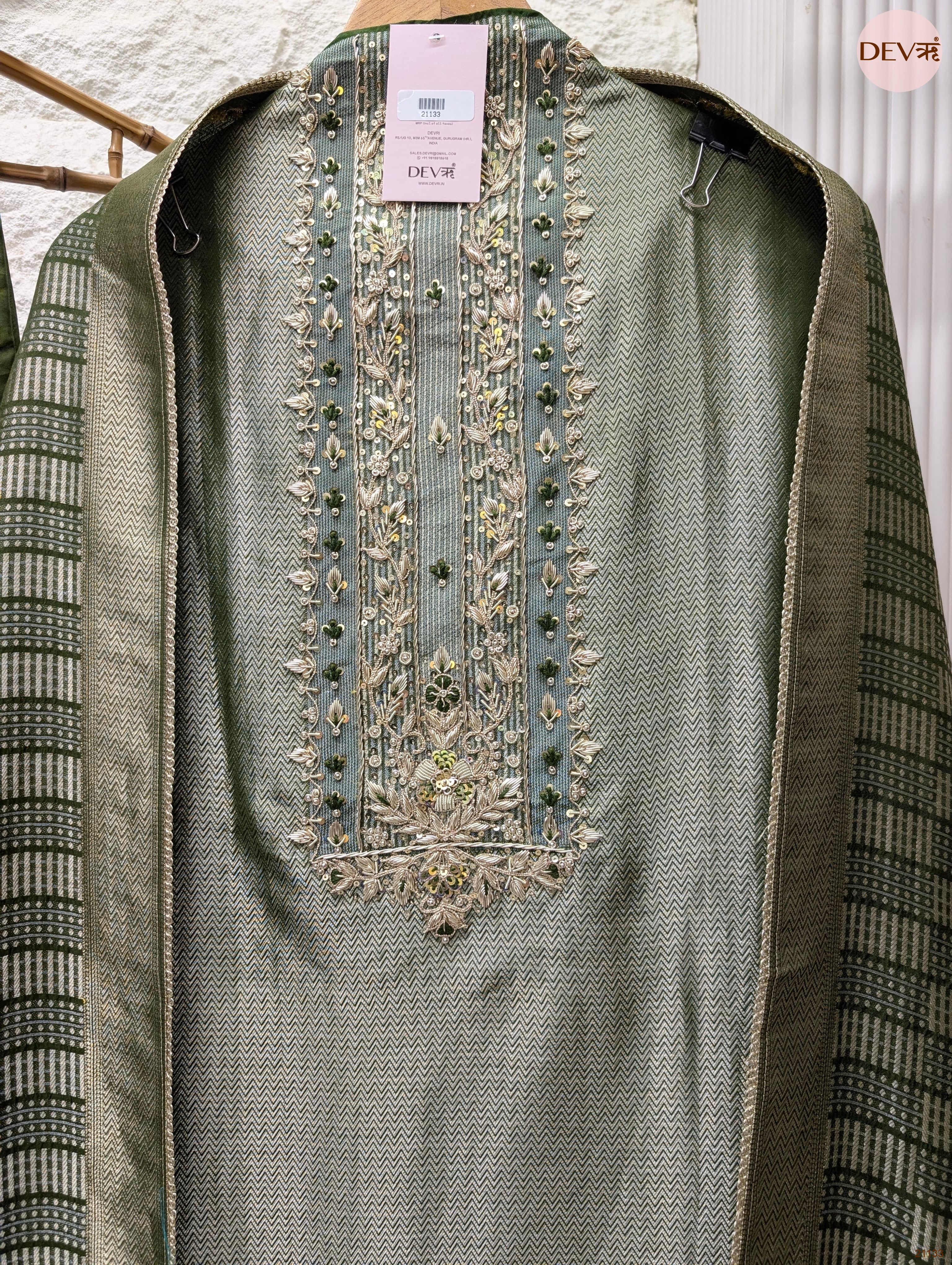 Olive Pure giraffe banarasi silk Embroidered Unstitched 3-Piece Suit (Devri – D.No 21133)