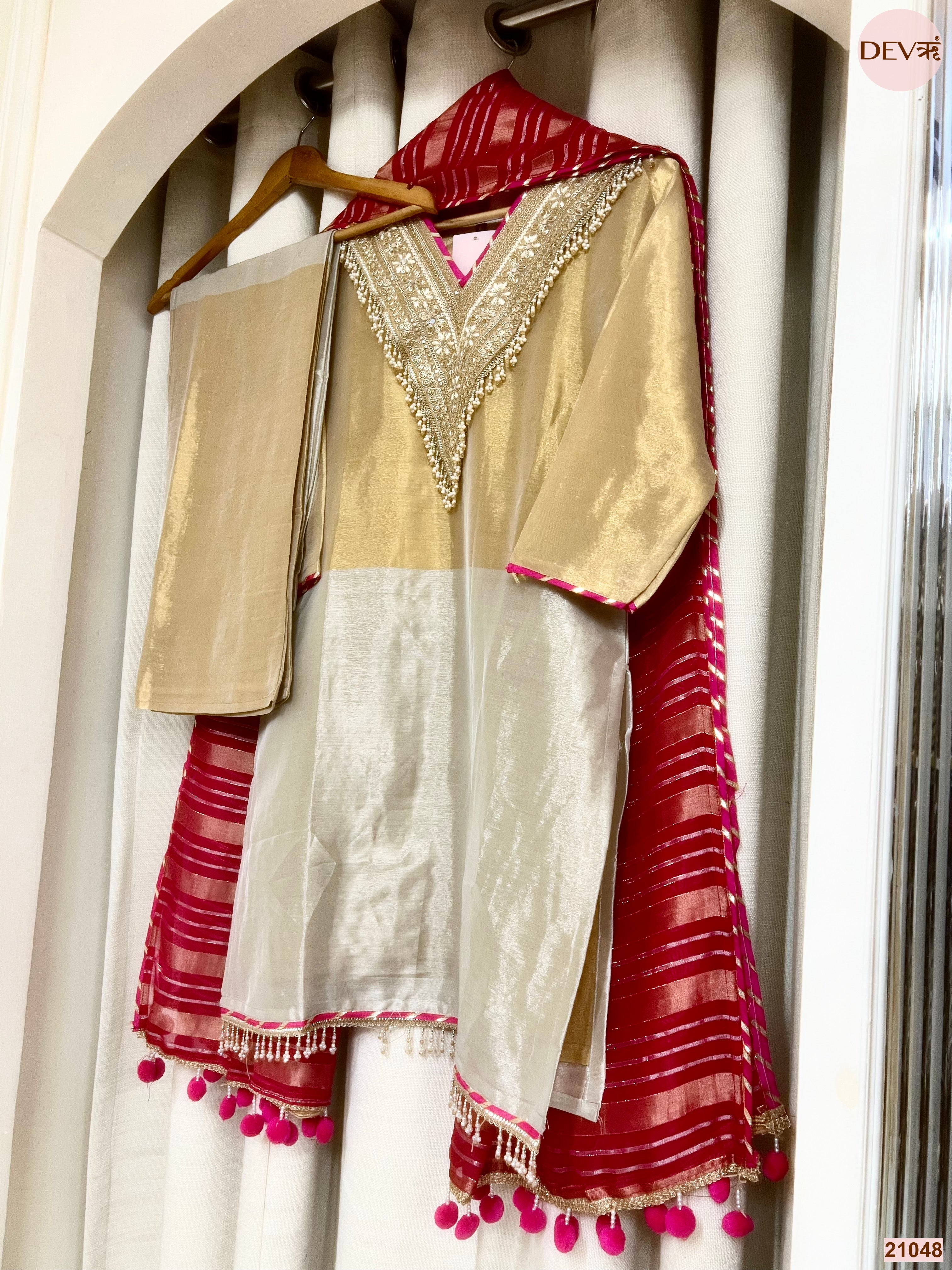 Zareen Tissue Silk Embroidered Gold 3-Piece Set (Devri – D.No 21048)