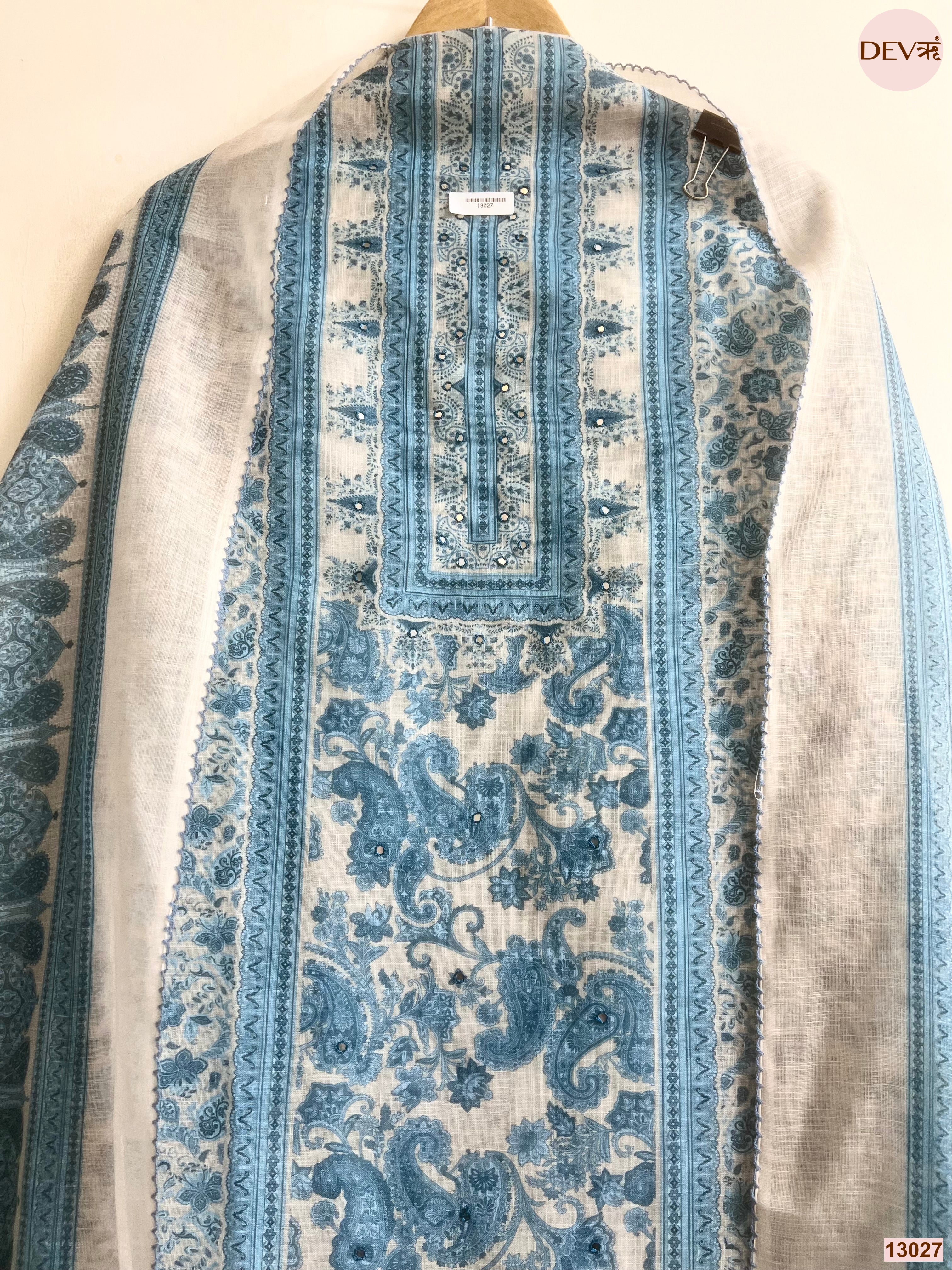 Off White Linen Printed Unstitched 3-Piece Suit (Devri – D.No 13027)