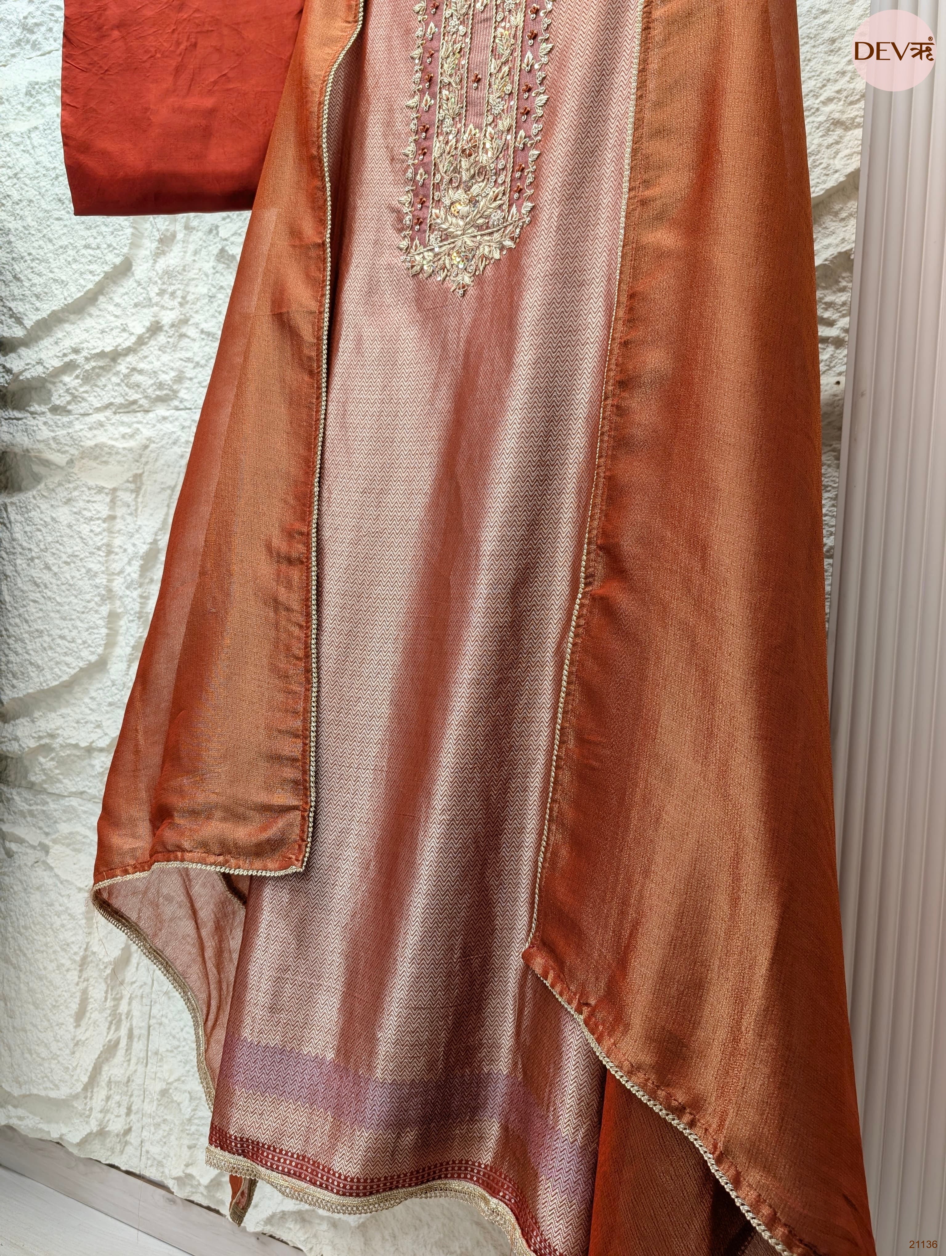 Rust Pure Giraffe Banarasi Silk Embroidered Unstitched 3-Piece Suit (Devri – D.No 21136)