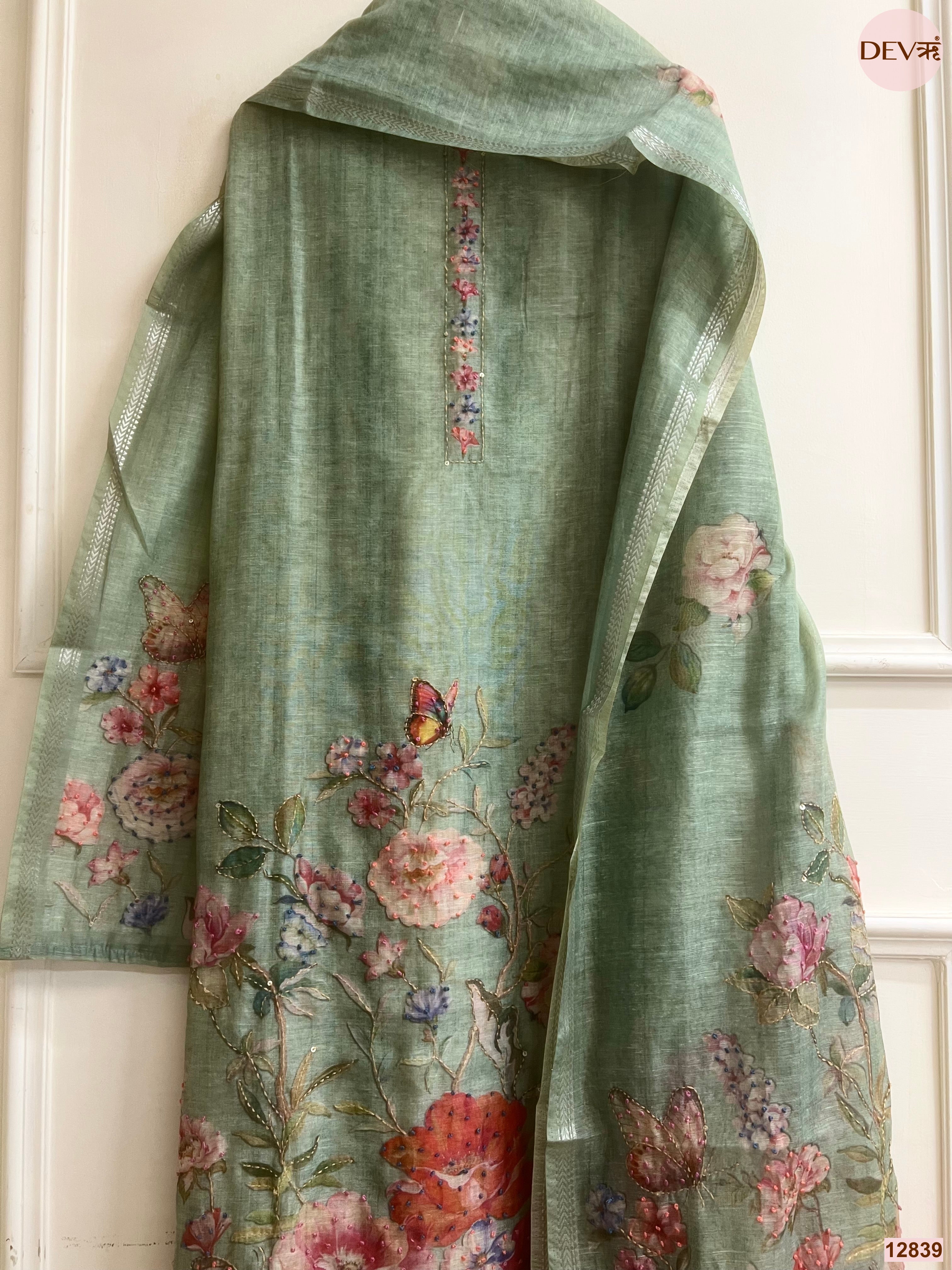 Green Mul Chanderi Embroidered Unstitched 3-Piece Suit (Devri – D.No 12839)