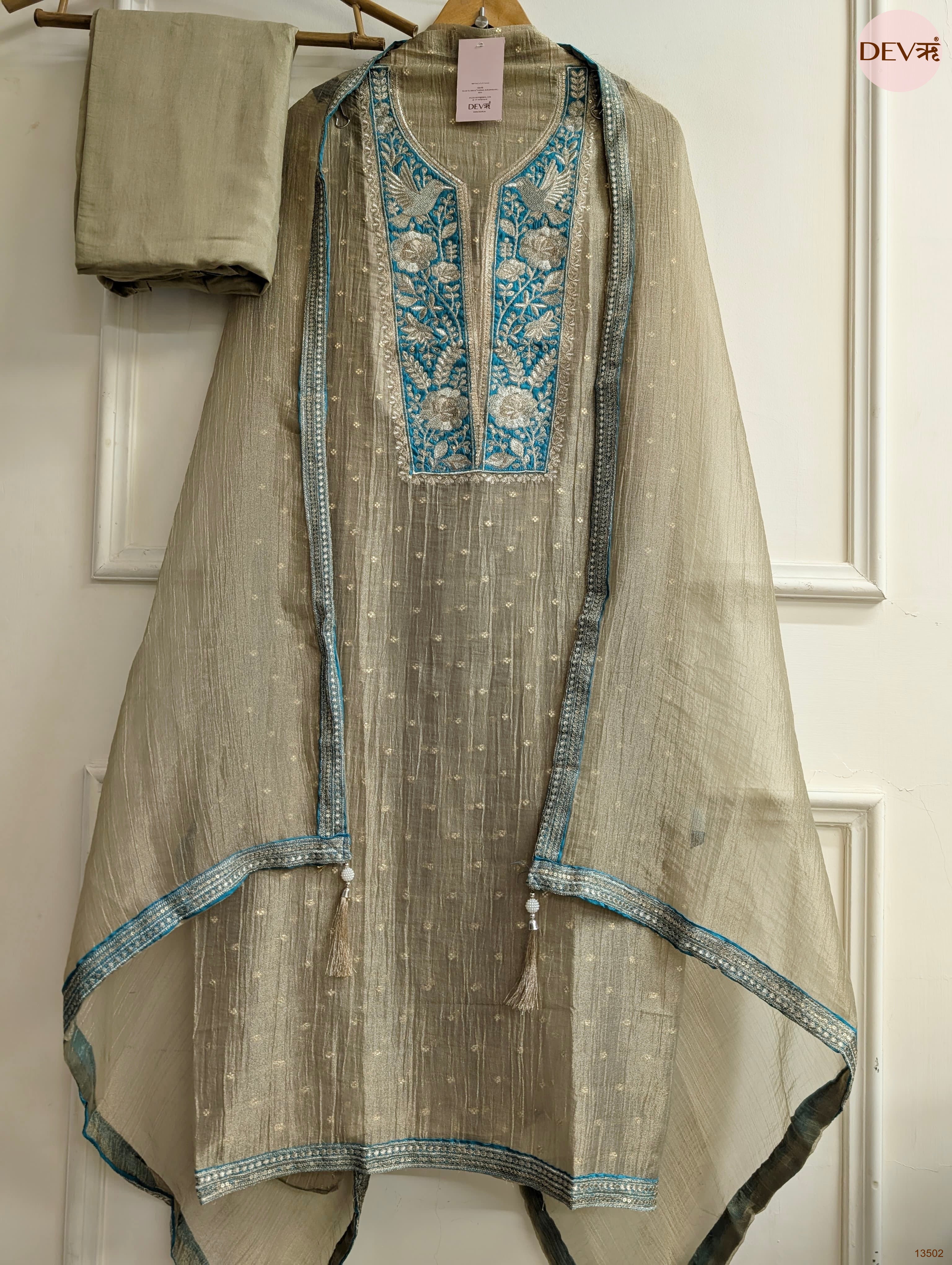 Grey Tissue Silk Embroidered Unstitched 3-Piece Suit (Devri – D.No 13502)