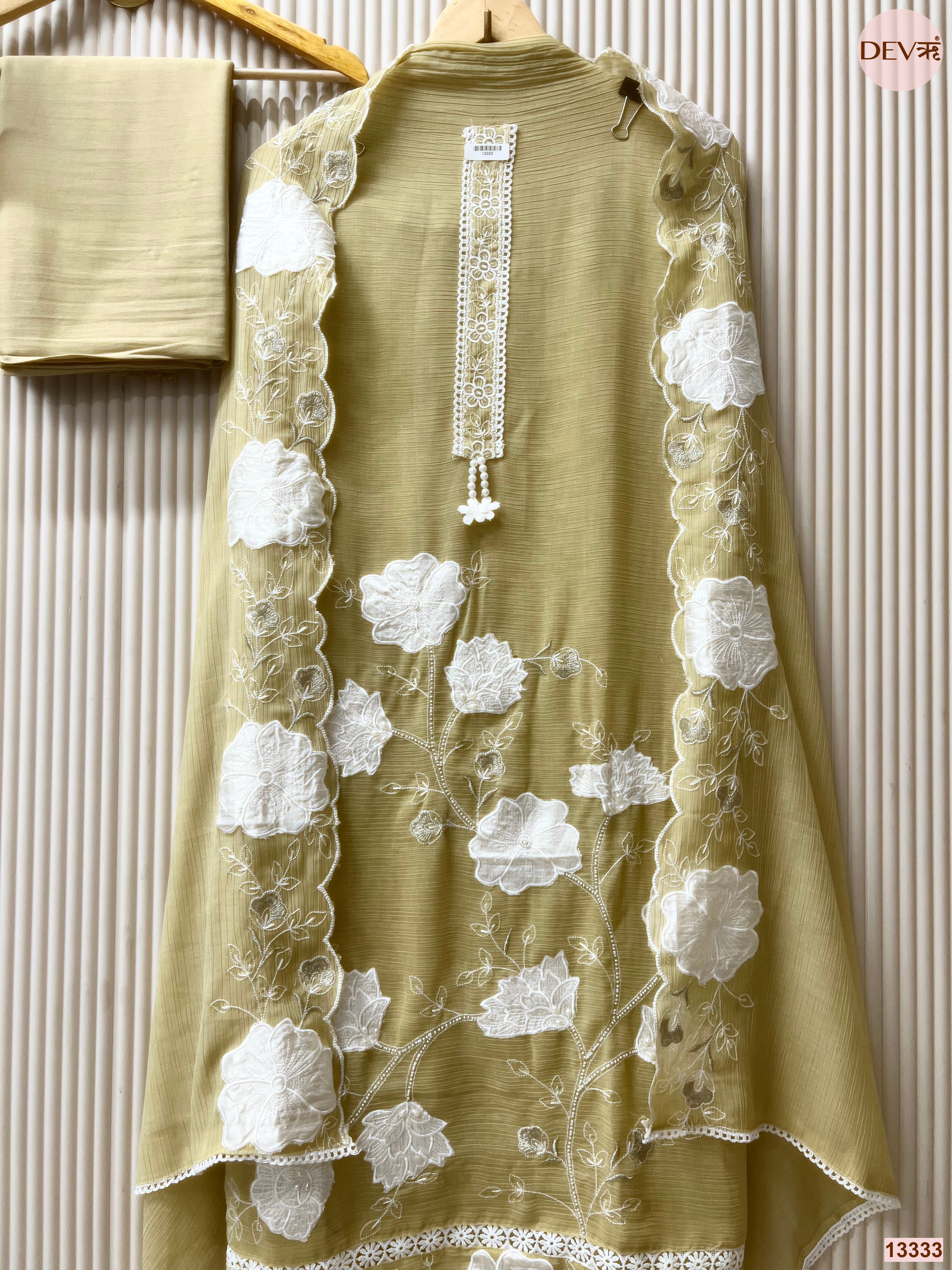 Olive Mul Chanderi Crush Embroidered Unstitched 3-Piece Suit (Devri – D.No 13333)
