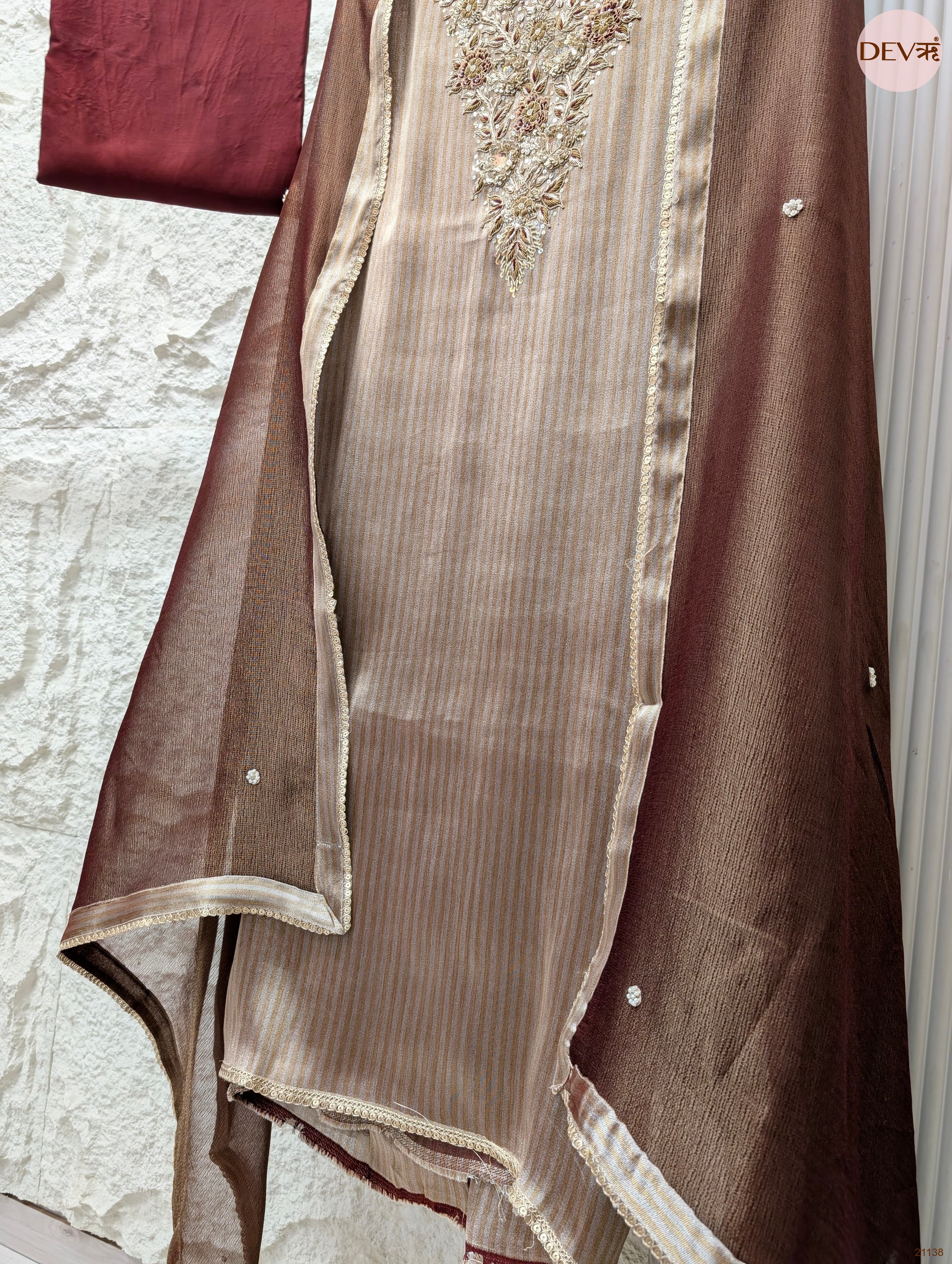Brown Pure Tissue Silk Embroidered Unstitched 3-Piece Suit (Devri – D.No 21138)