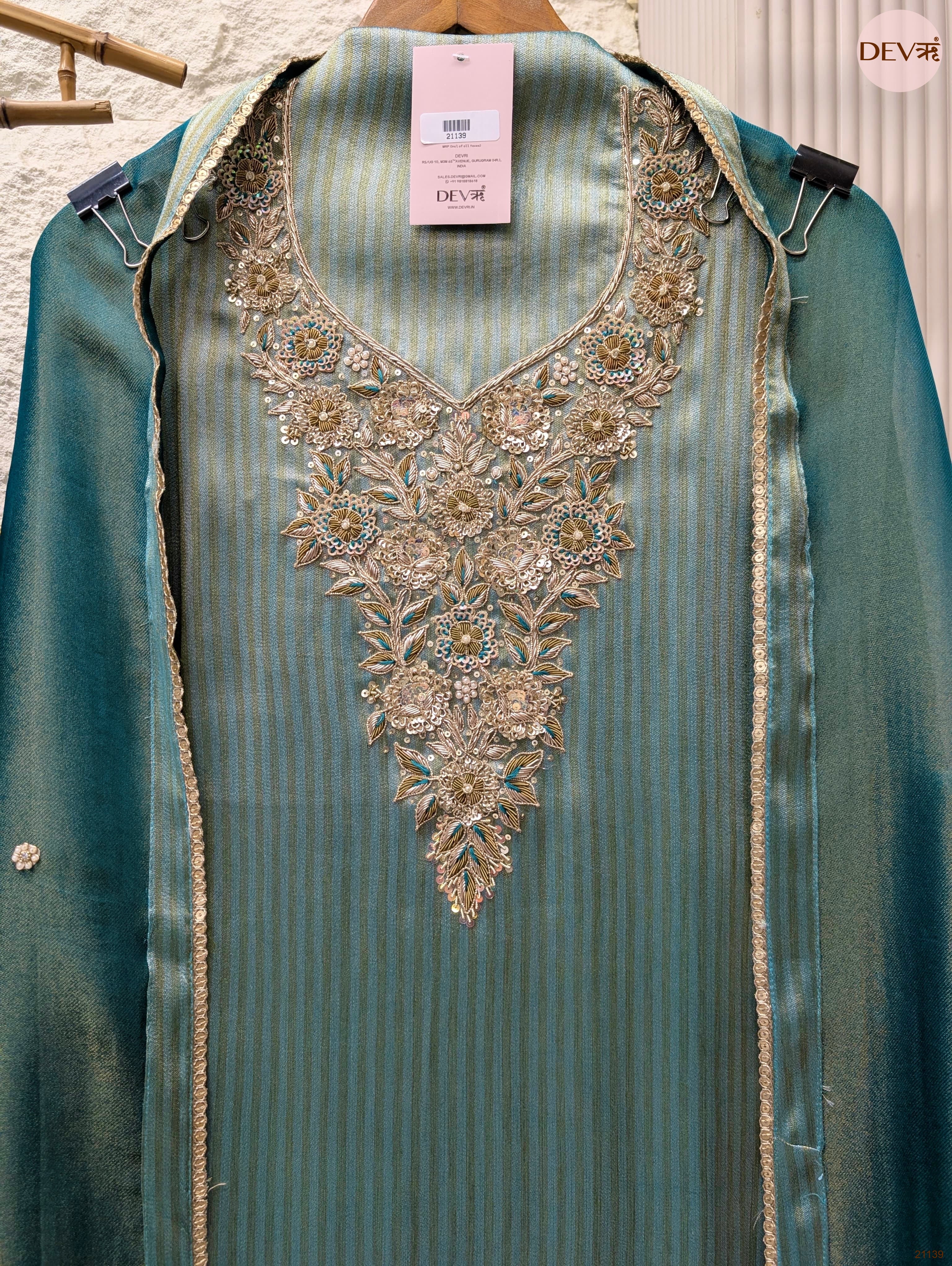 Teal Pure Tissue Silk Embroidered Unstitched 3-Piece Suit (Devri – D.No 21139)