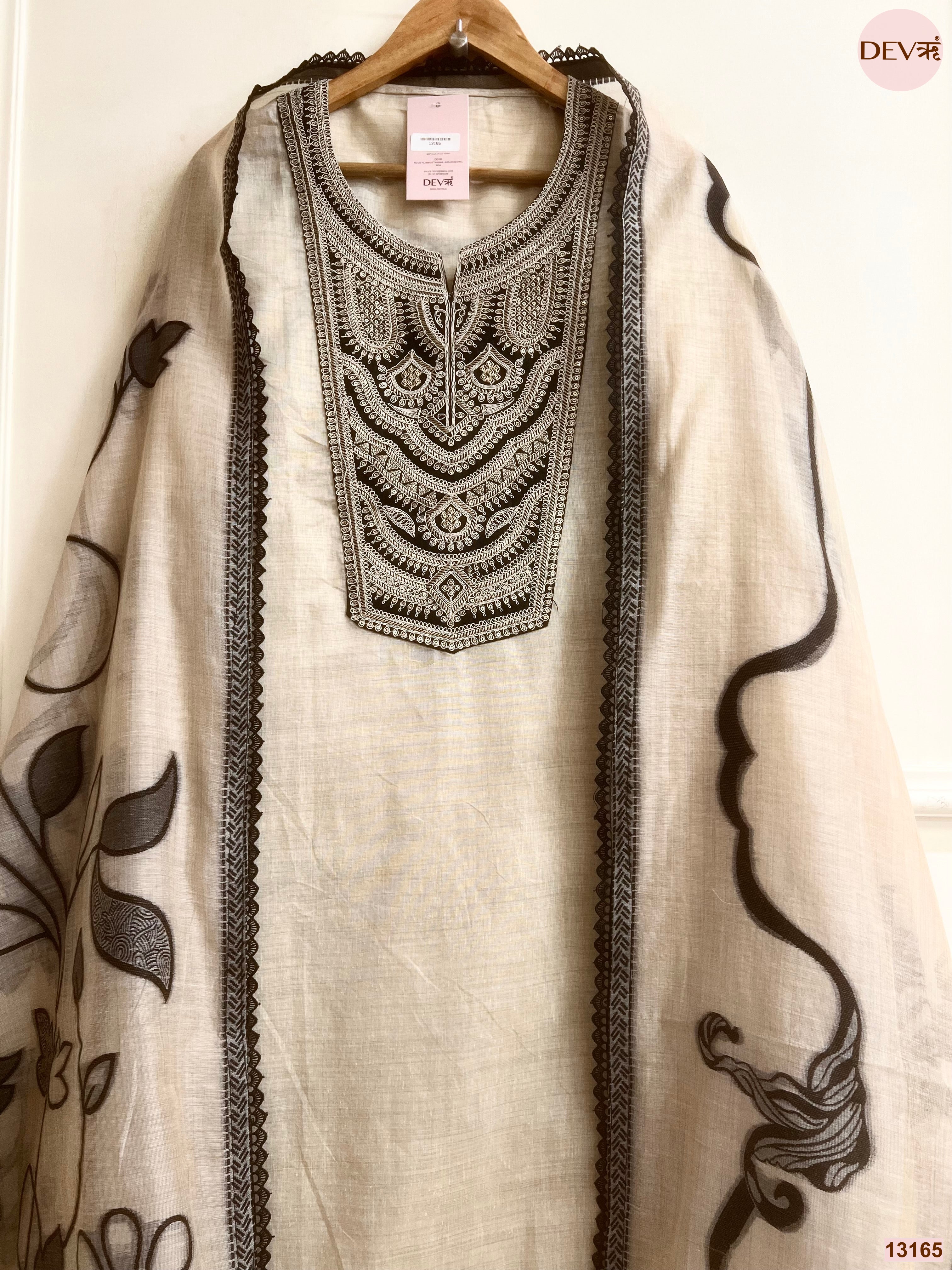 Beige Mul Canderi Embroidered Unstitched 3-Piece Suit (Devri – D.No 13165)
