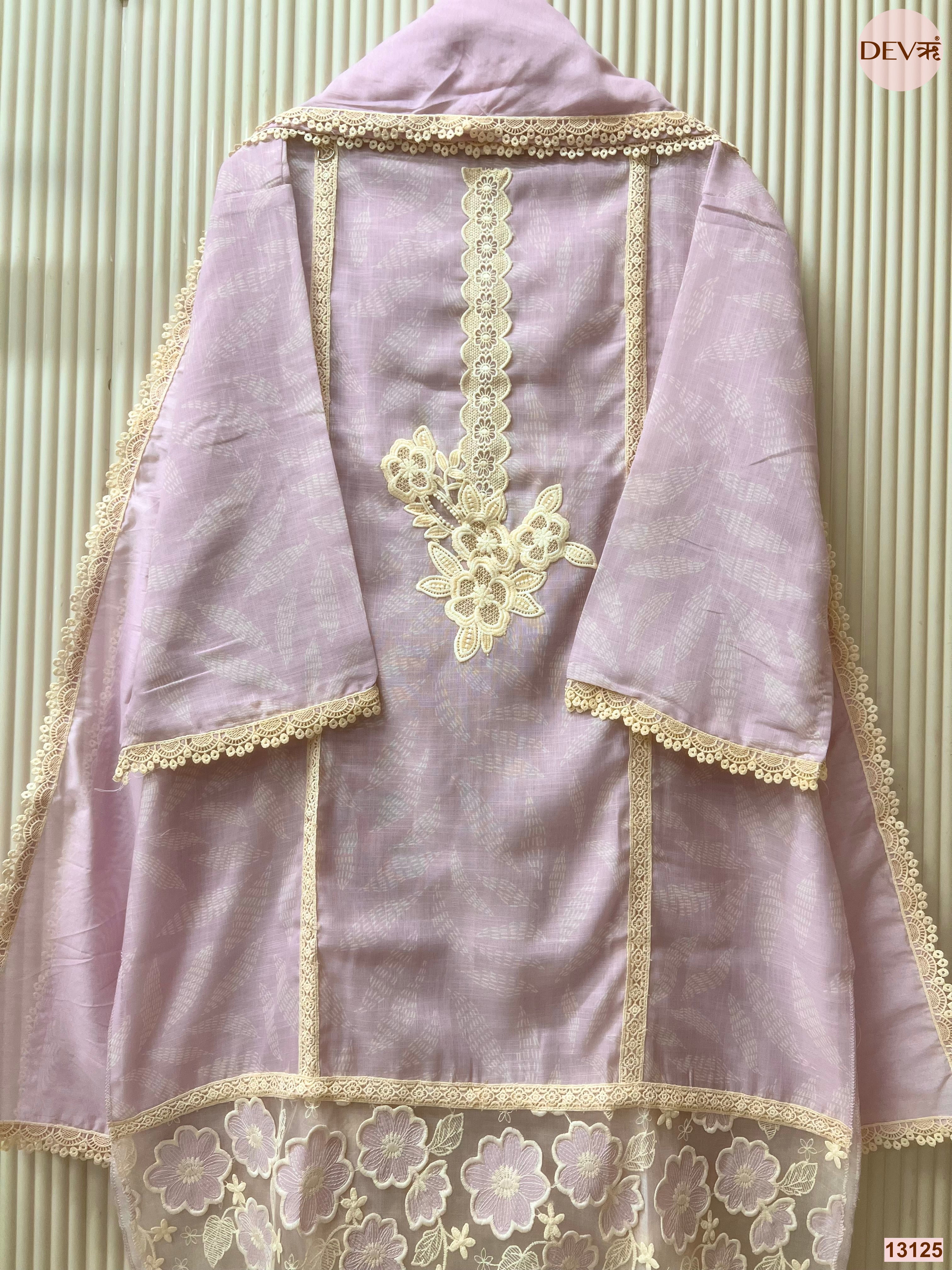 Lavender Linen Cotton Embroidered Unstitched 3-Piece Suit (Devri – D.No 13125)