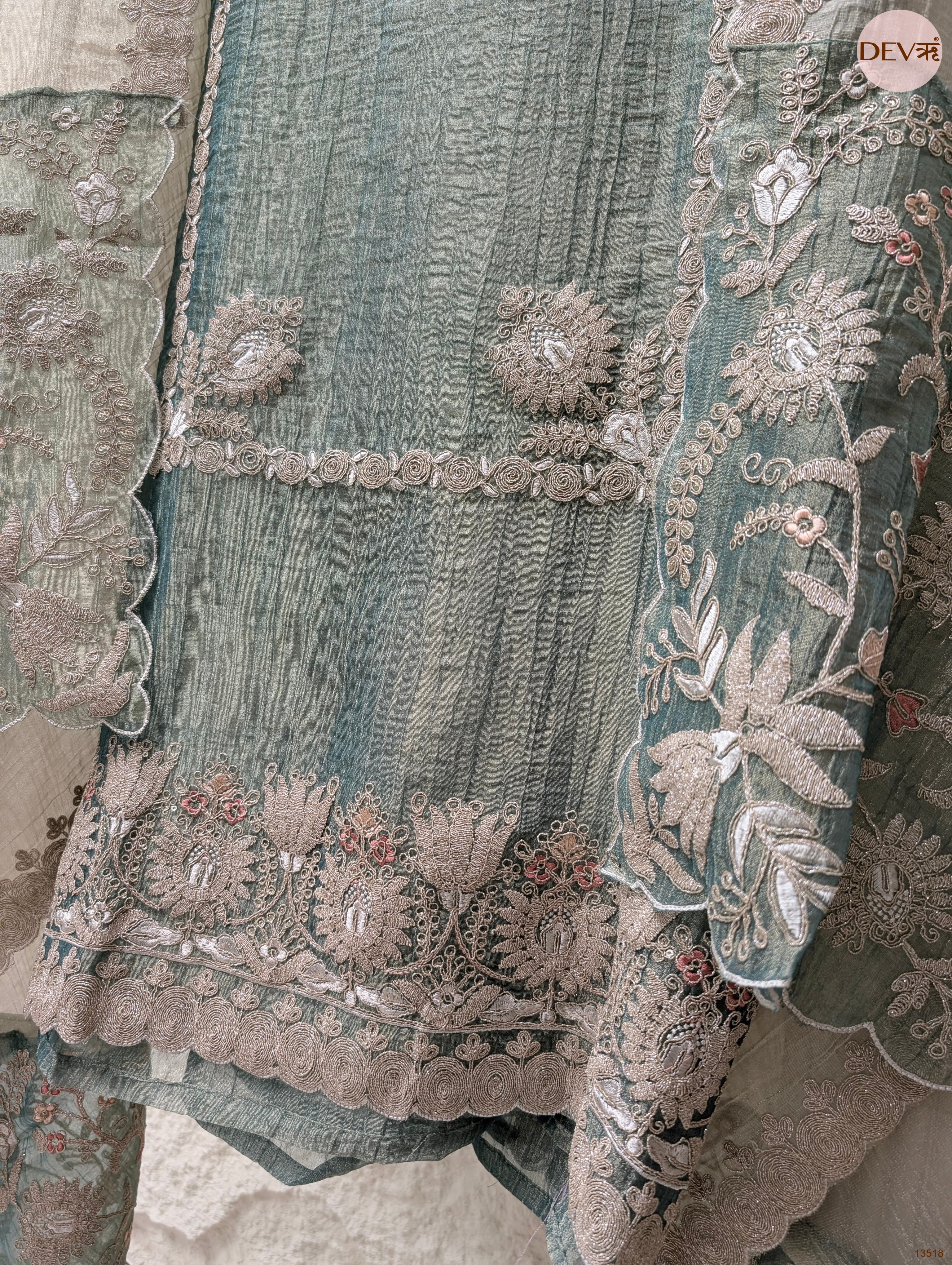 Green Tissue Silk Embroidered Unstitched 3-Piece Suit (Devri – D.No 13518)