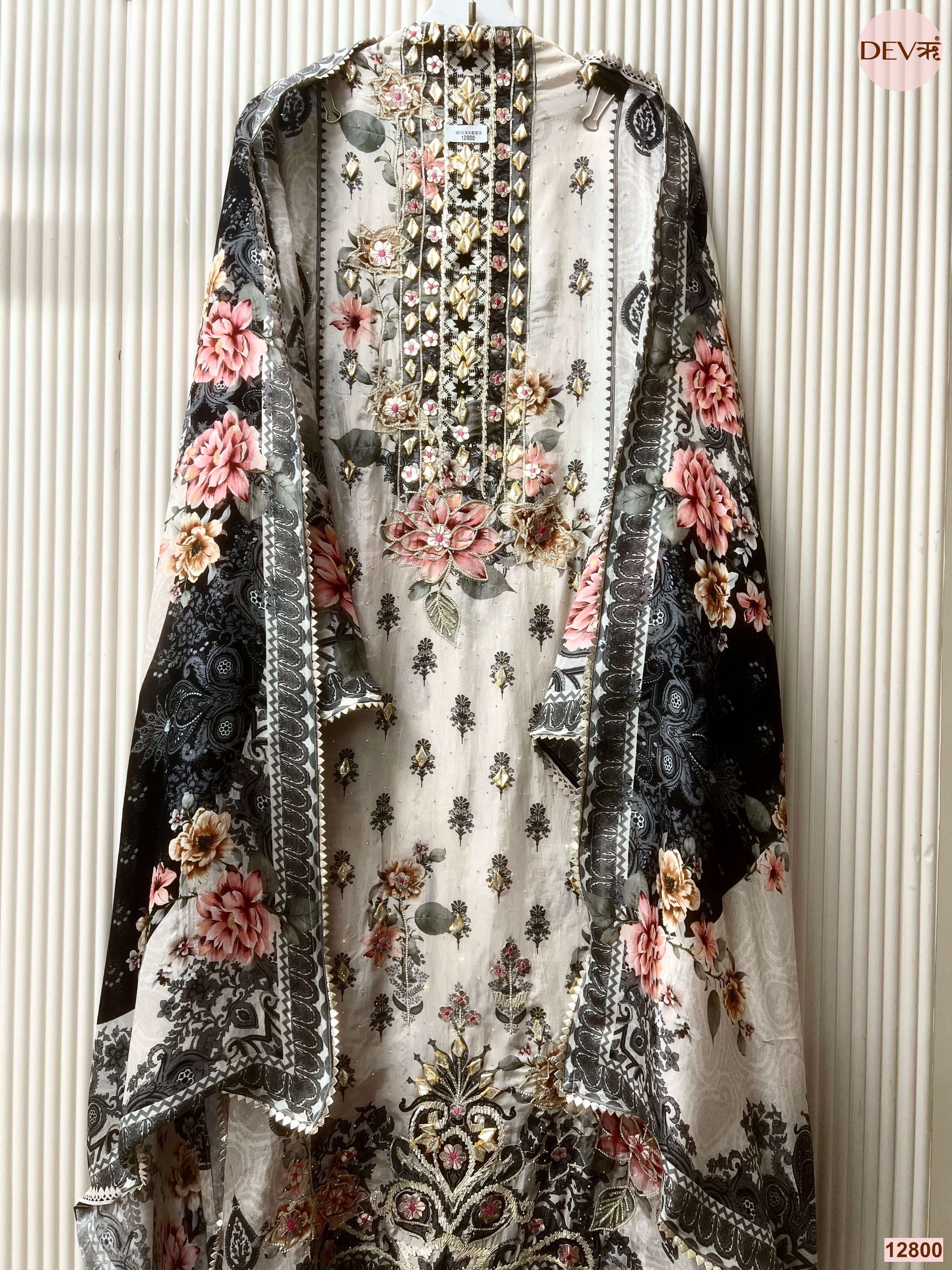 Grey Glass organza Silk Printed Unstitched 3-Piece Suit (Devri – D.No 12800)