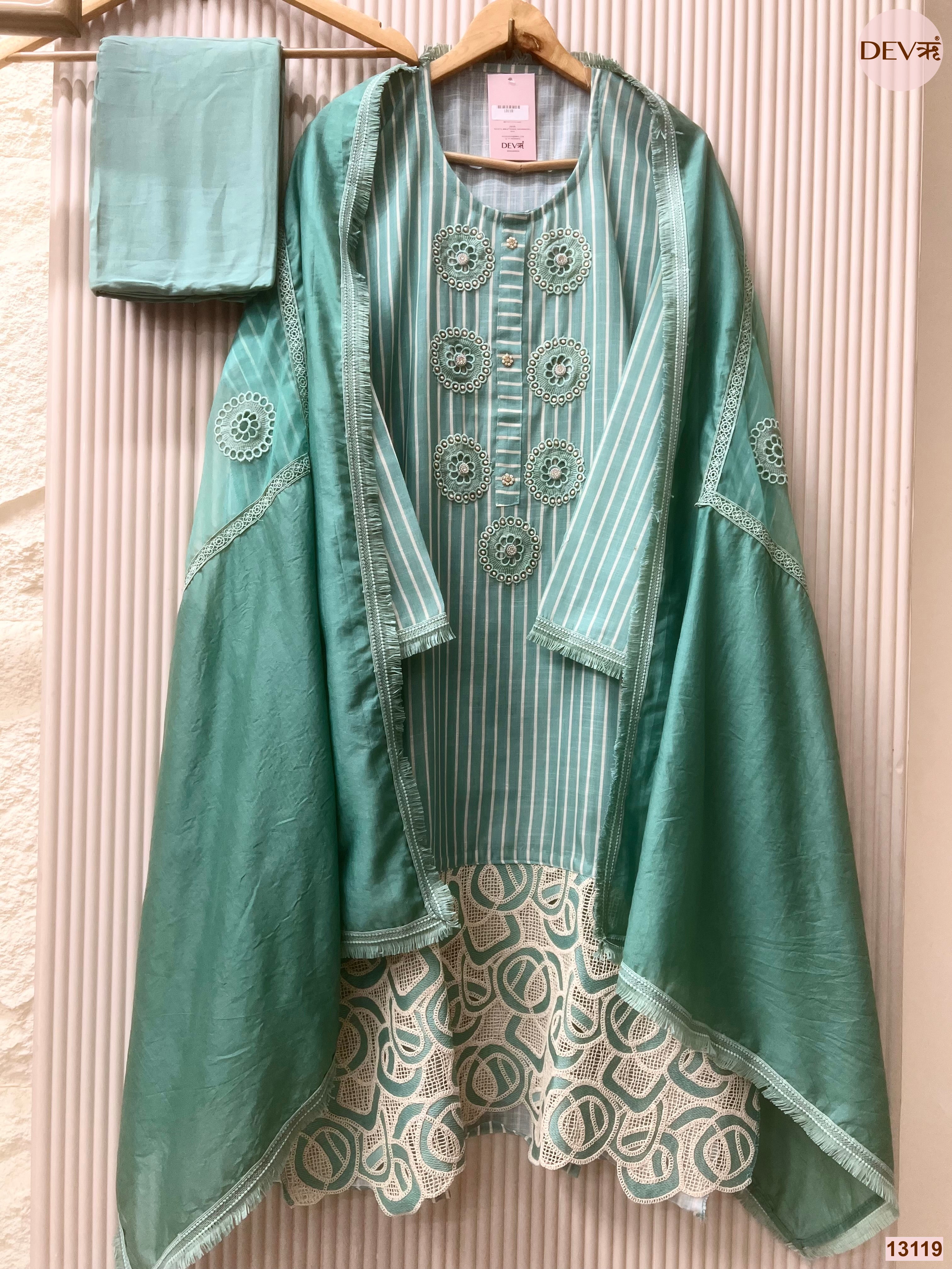 Aqua Linen Cotton Embroidered Unstitched 3-Piece Suit (Devri – D.No 13119)