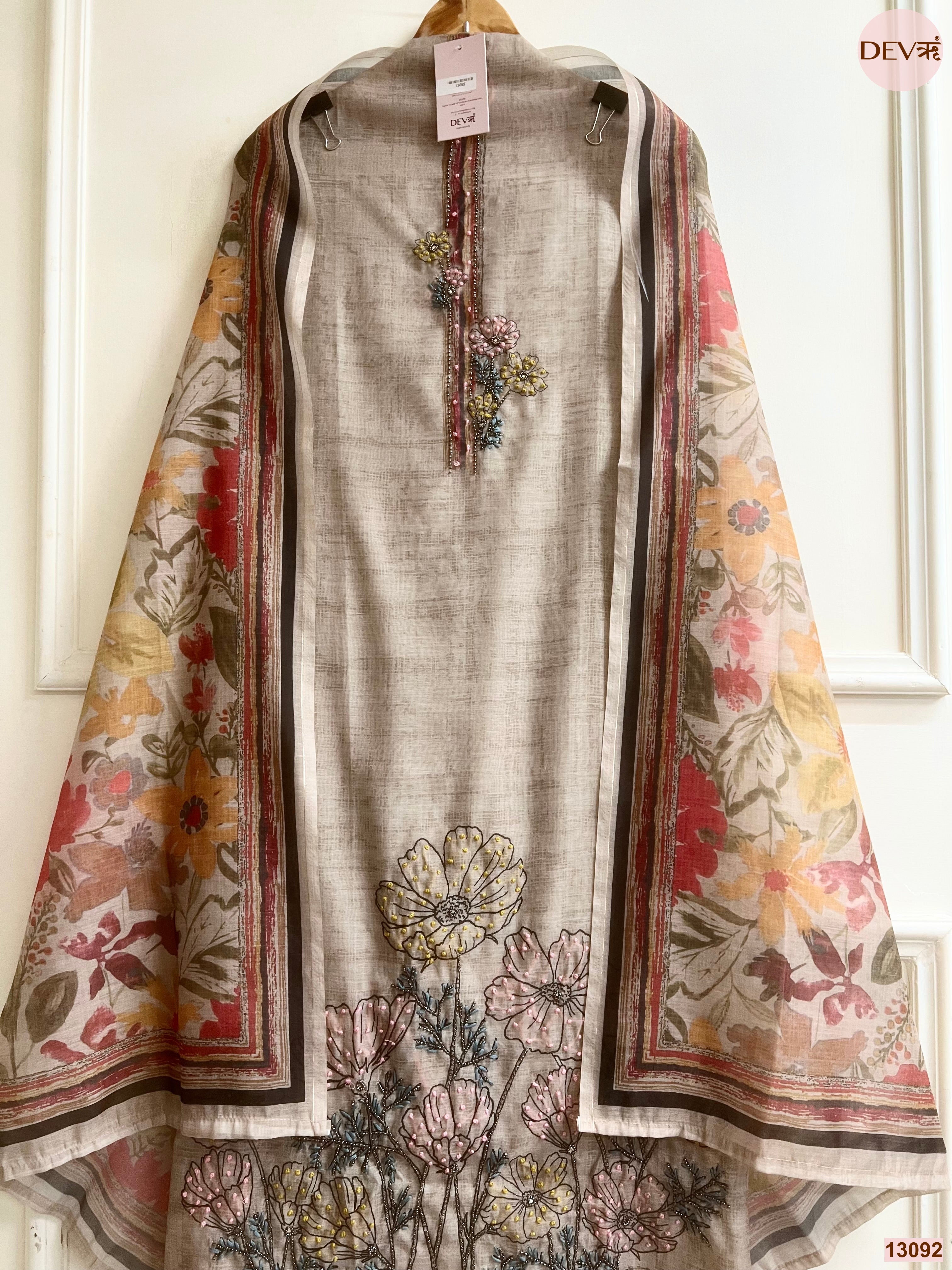 Beige Mul Chanderi Printed Unstitched 3-Piece Suit (Devri – D.No 13092)