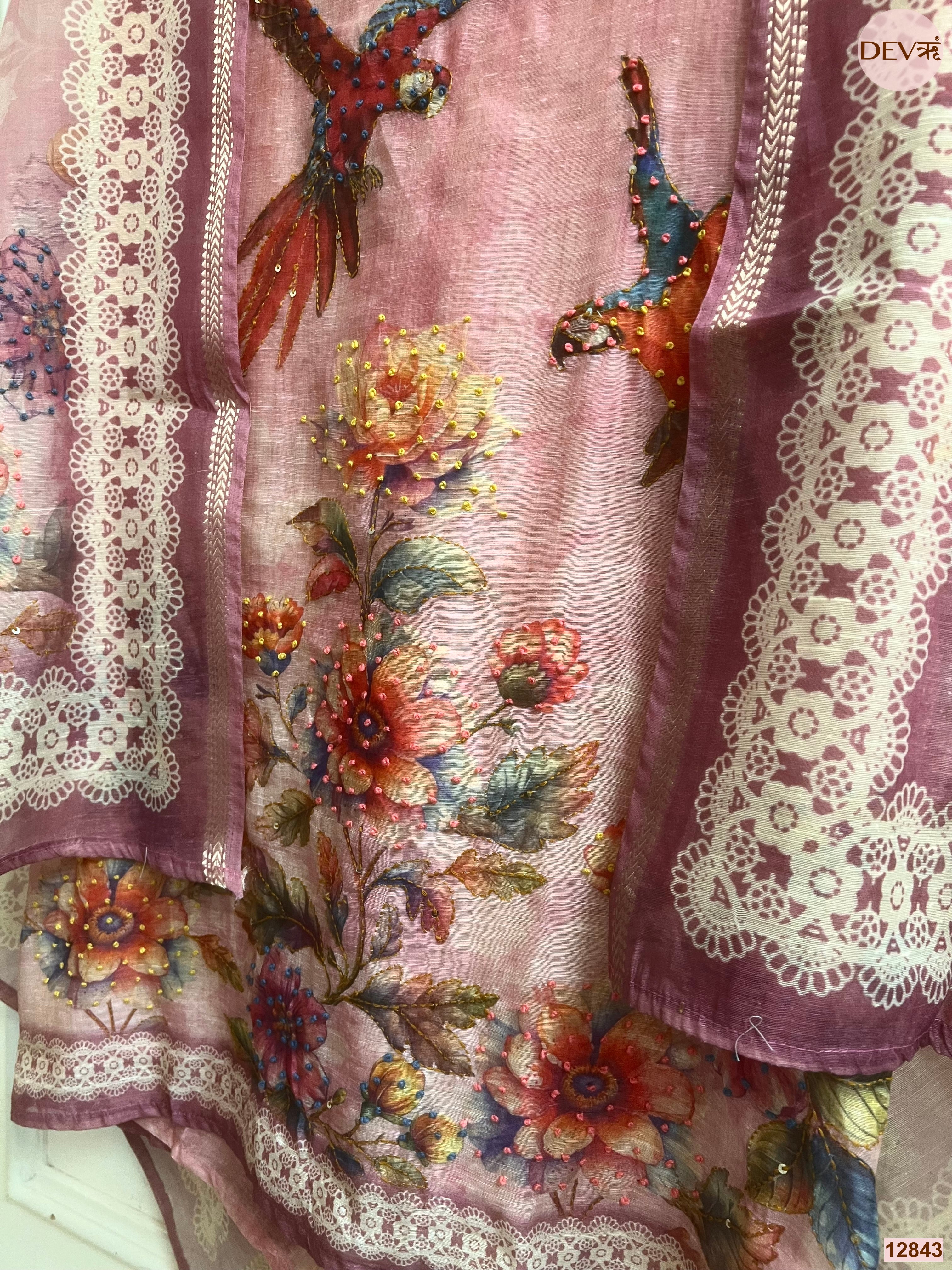 Pink Mul Chanderi Printed Unstitched 3-Piece Suit (Devri – D.No 12843)