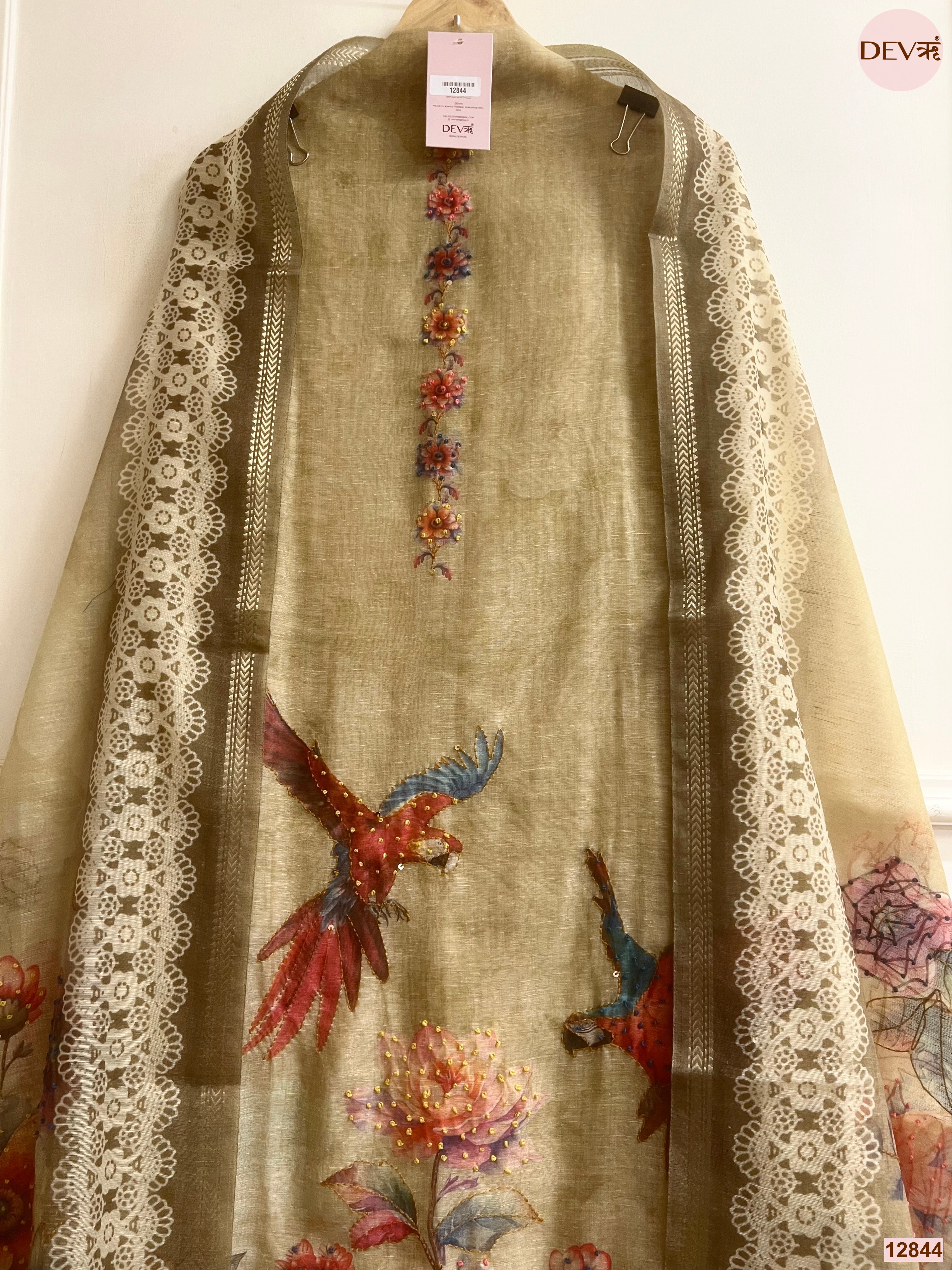 Olive Mul Chanderi Printed Unstitched 3-Piece Suit (Devri – D.No 12844)