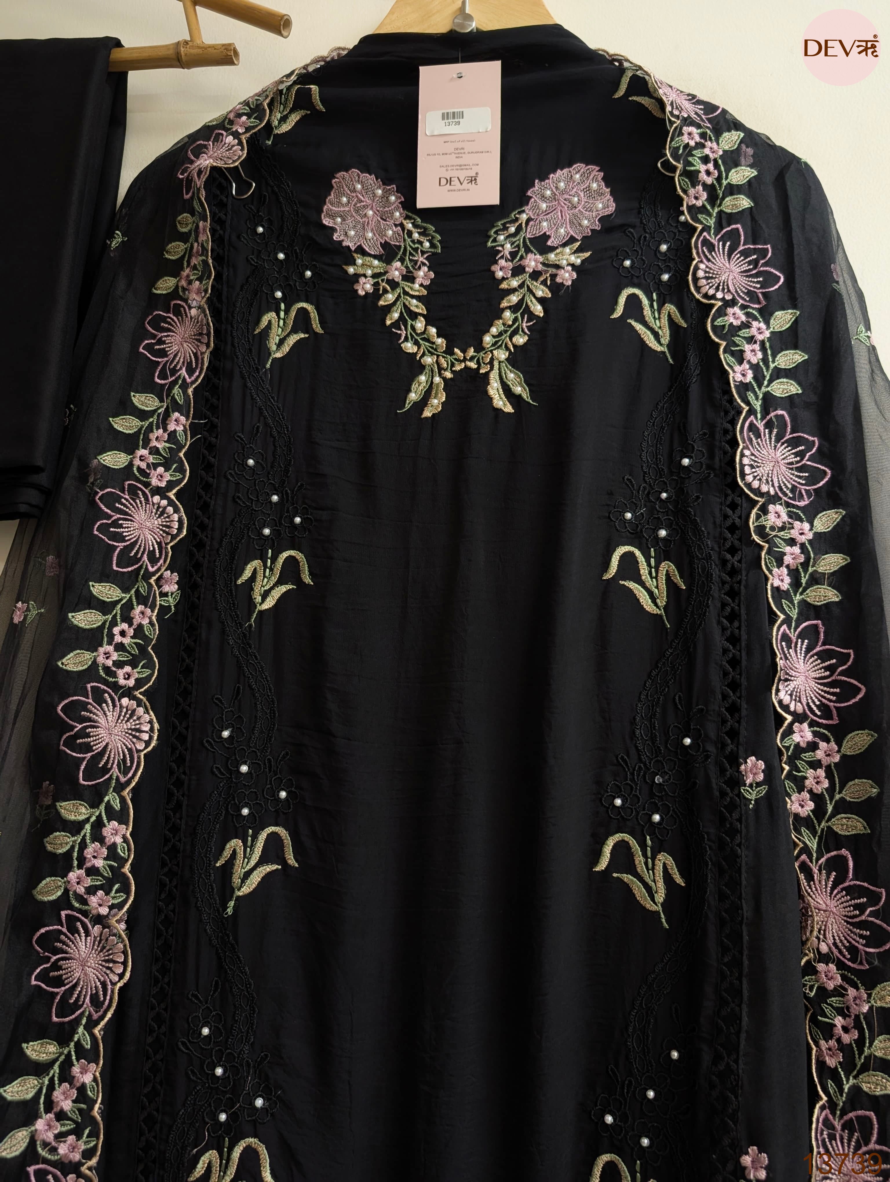 Black Organza Embroidered Unstitched 3-Piece Suit (Devri – D.No 13739)