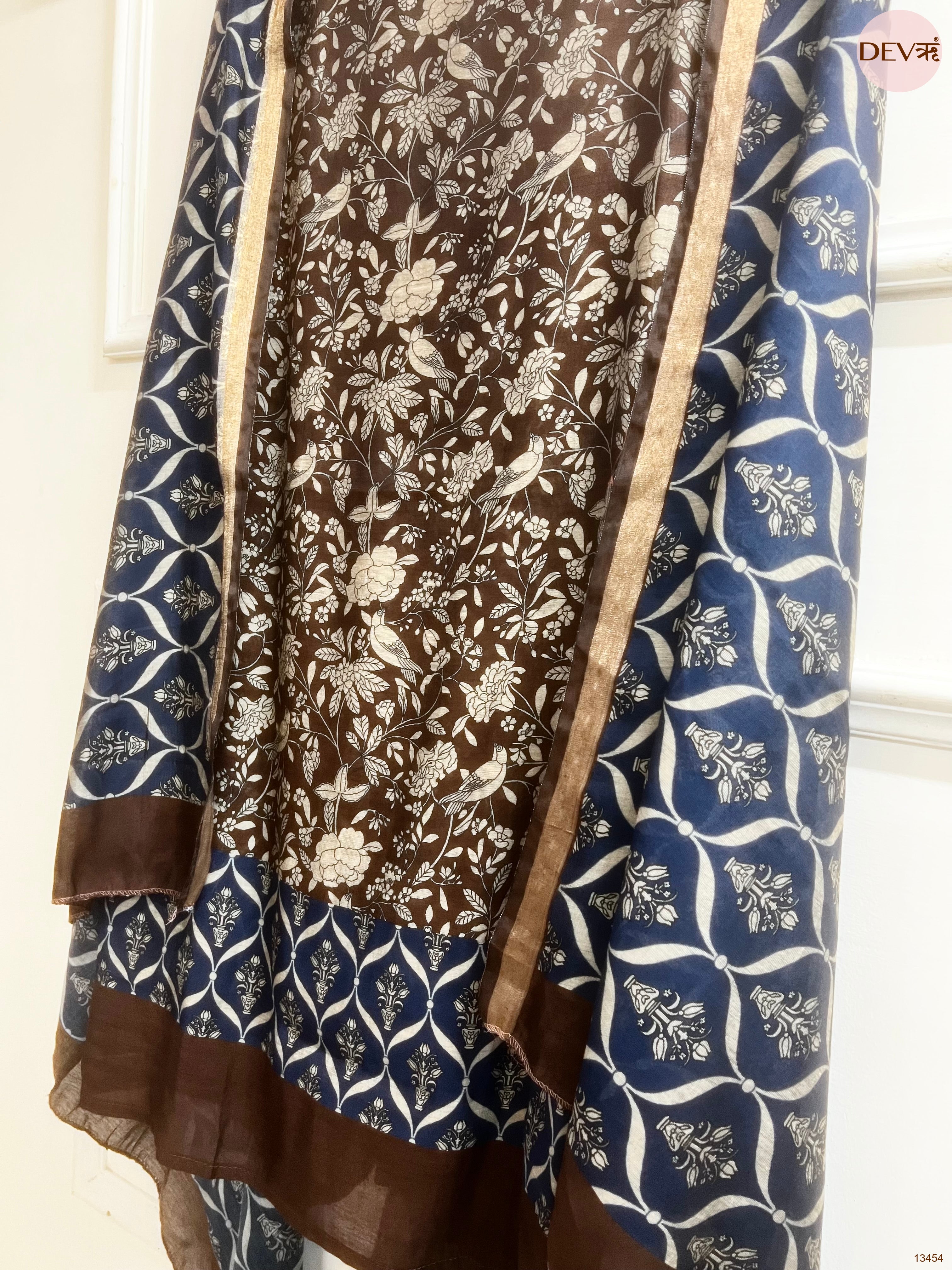 Brown Maheshwari Silk Printed Unstitched 3-Piece Suit (Devri – D.No 13454)