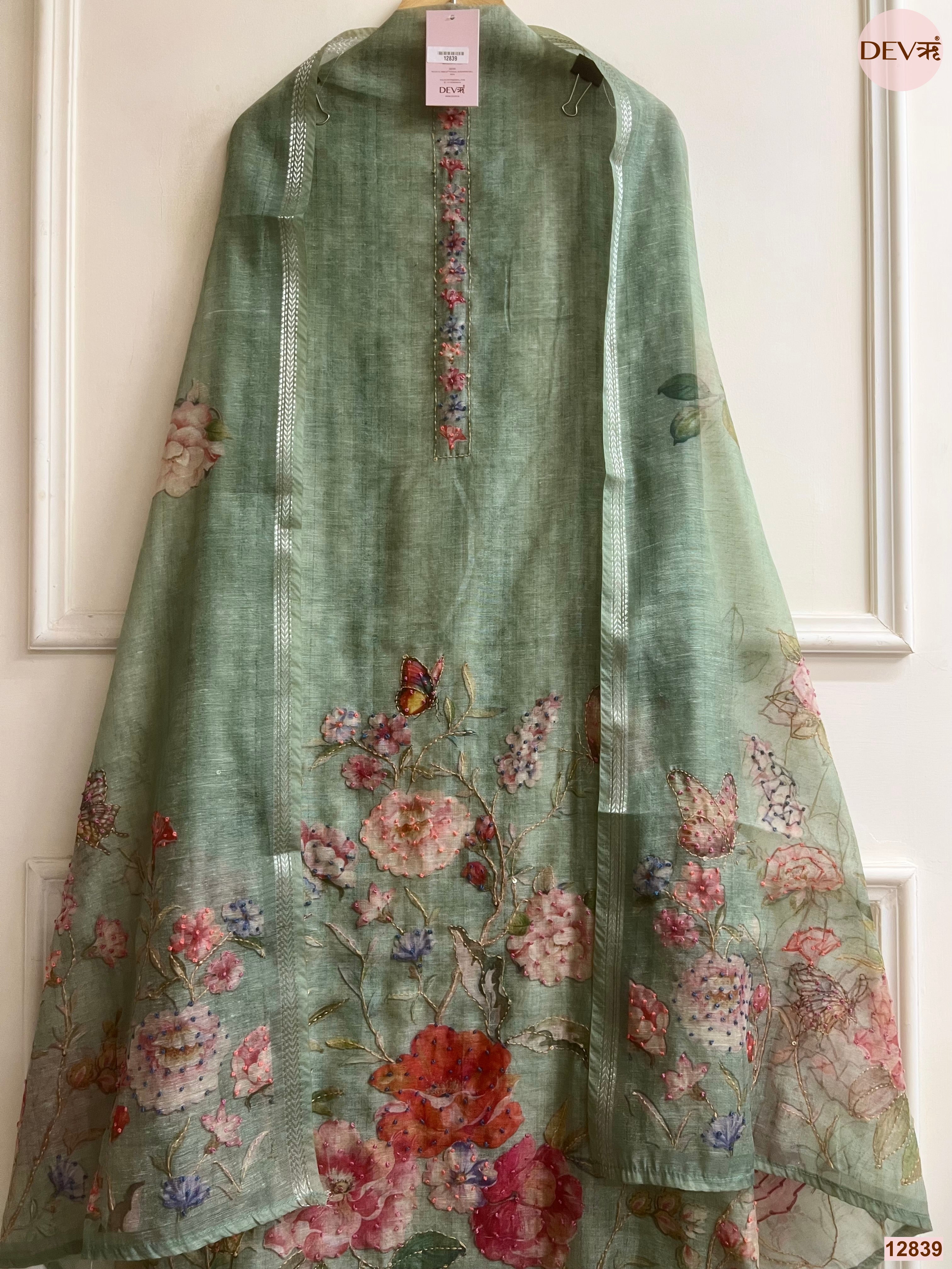 Green Mul Chanderi Embroidered Unstitched 3-Piece Suit (Devri – D.No 12839)