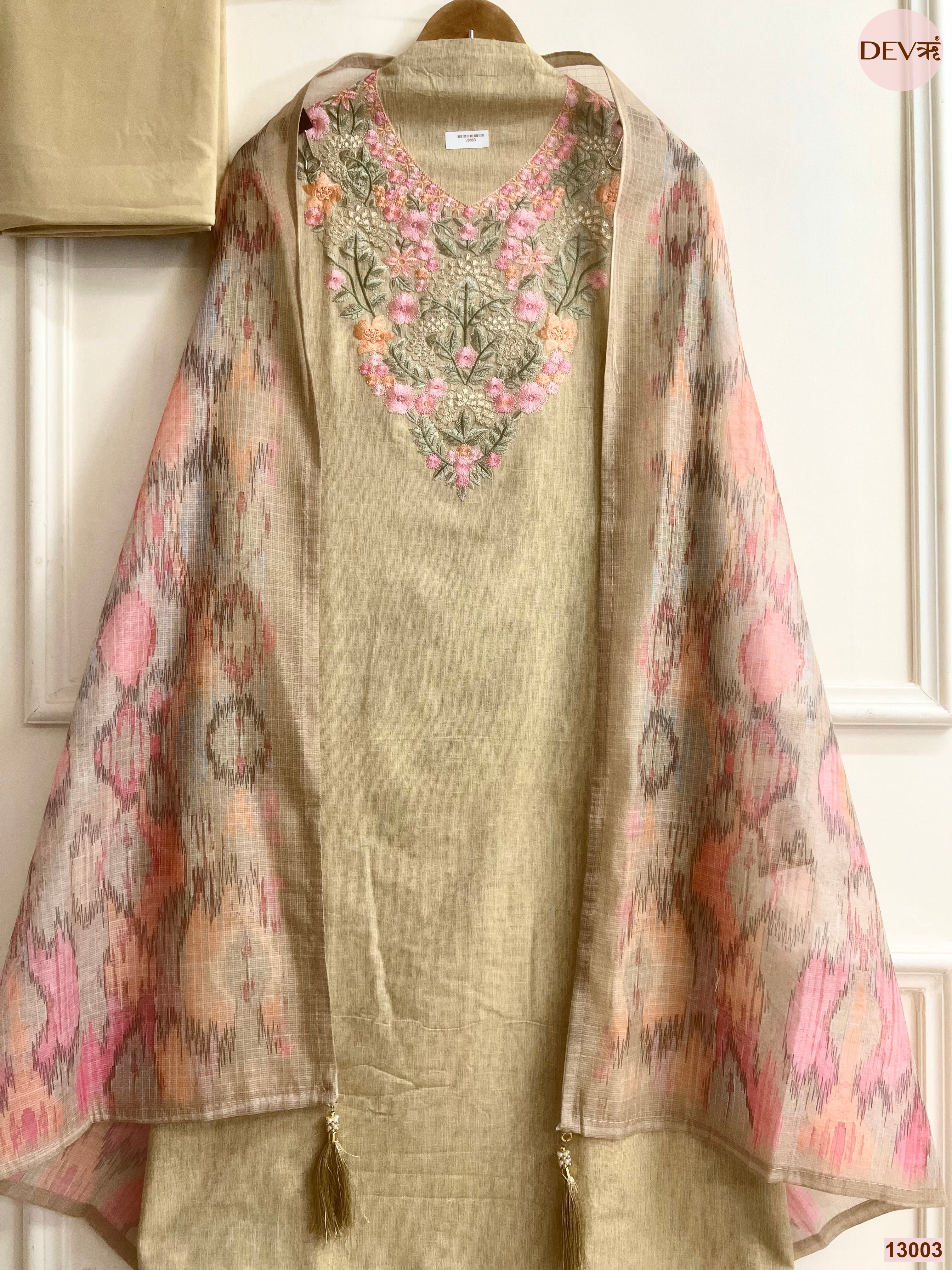 Beige Cotton Handloom Embroidered Unstitched 3-Piece Suit (Devri – D.No 13003)