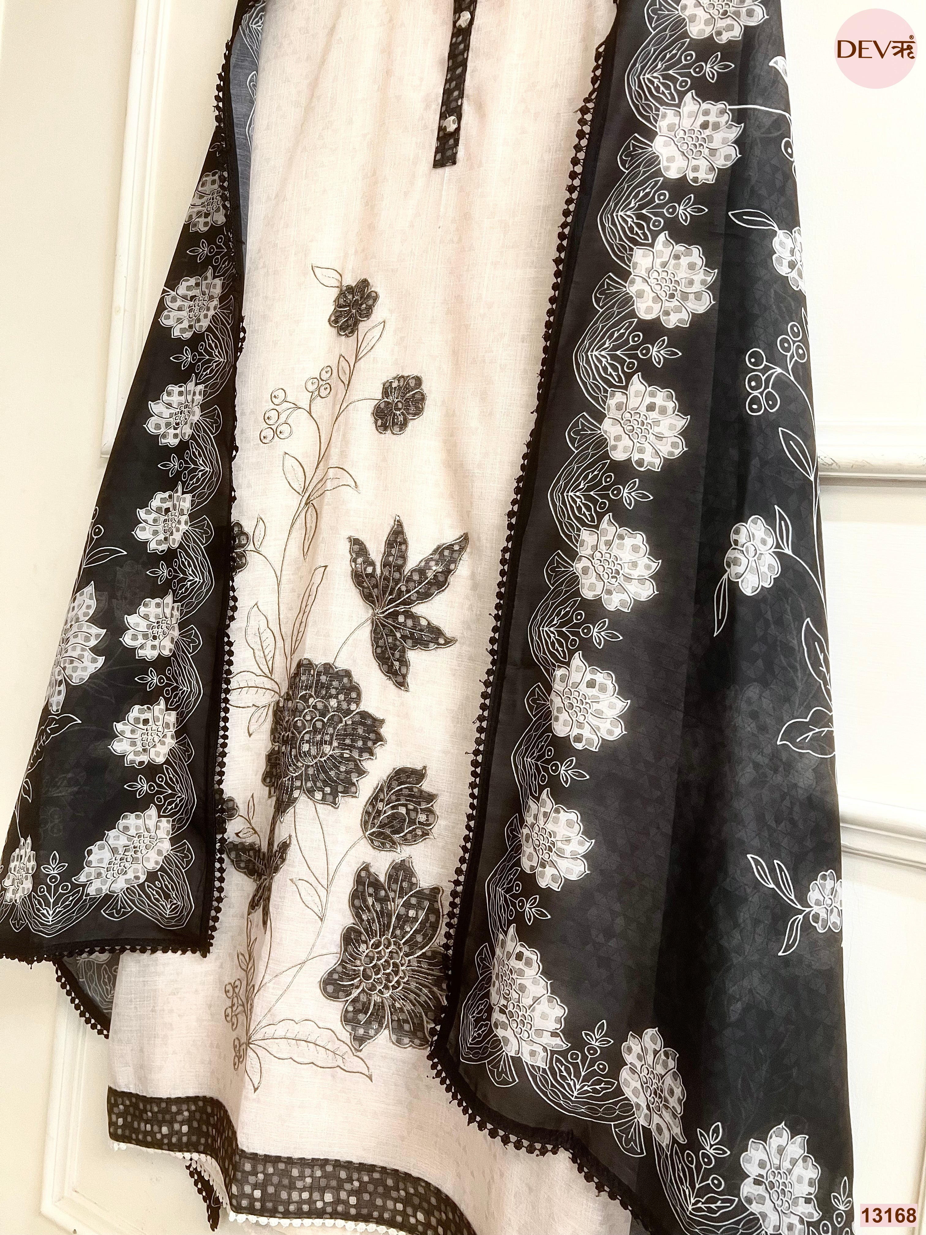 Cream Linen Cotton Printed Unstitched 3-Piece Suit (Devri – D.No 13168)