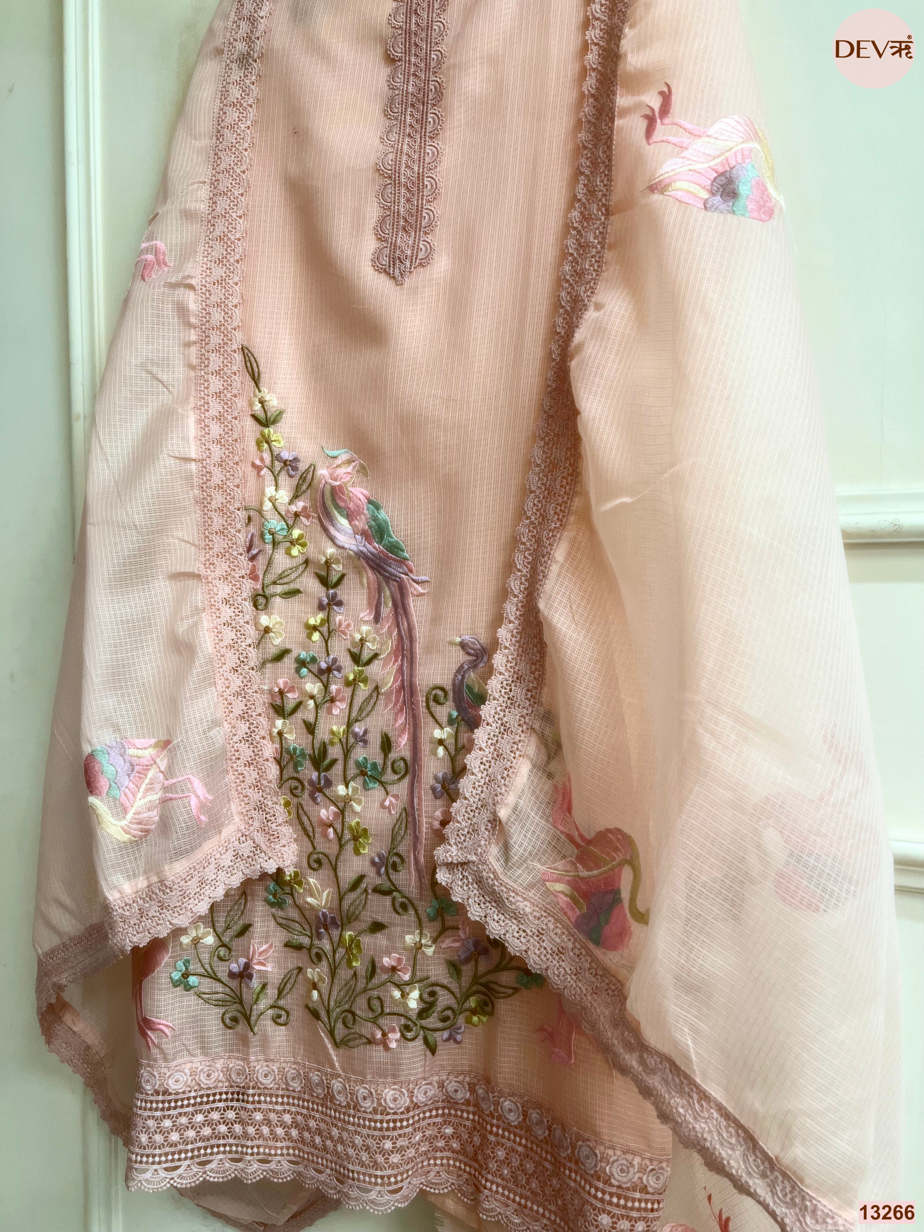 Peach Kota Cotton Embroidered Unstitched 3-Piece Suit (Devri – D.No 13266)