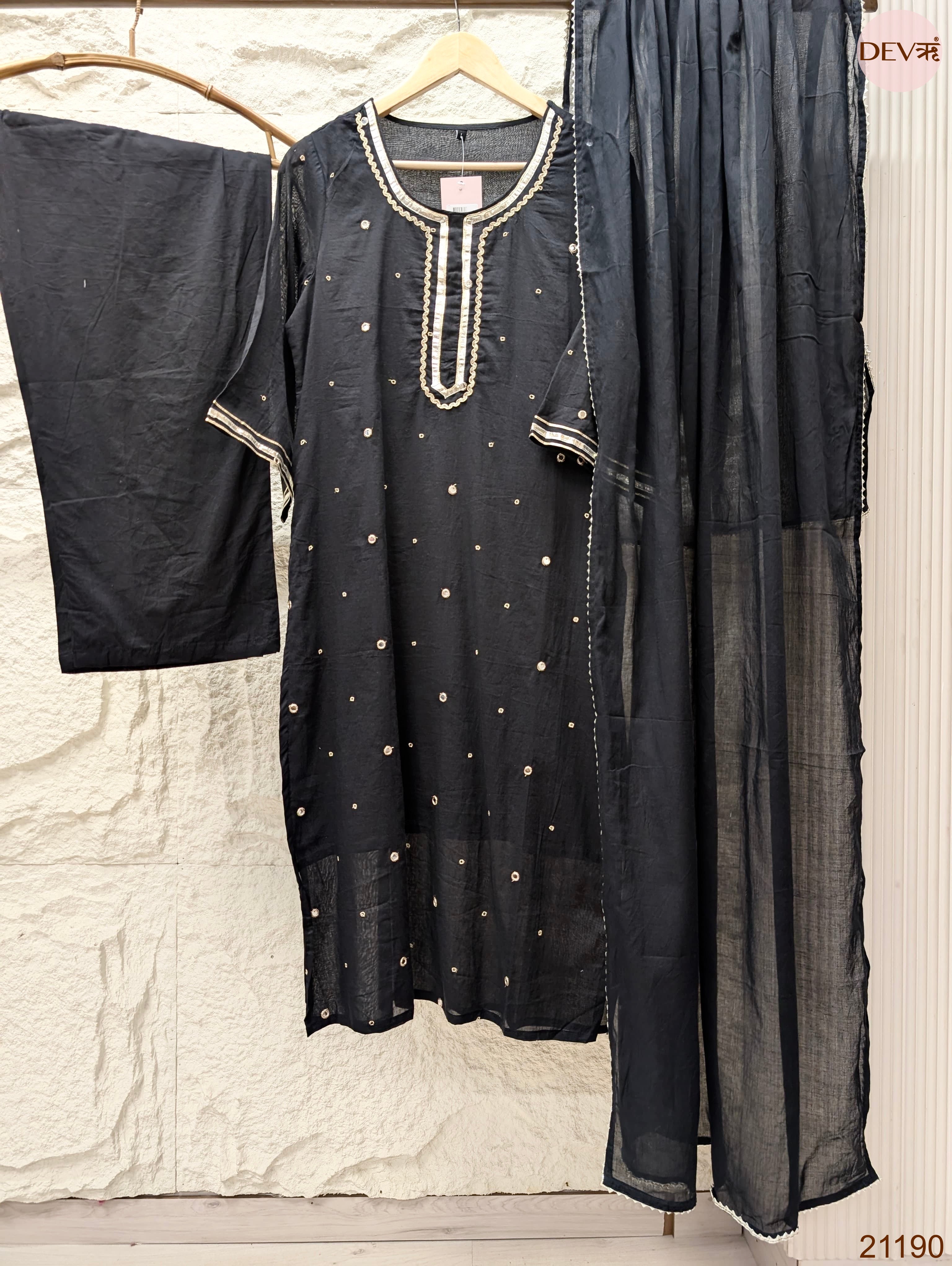 Nayantara Pure mul cotton Embroidered Black 3-Piece Set (Devri – D.No 21190)