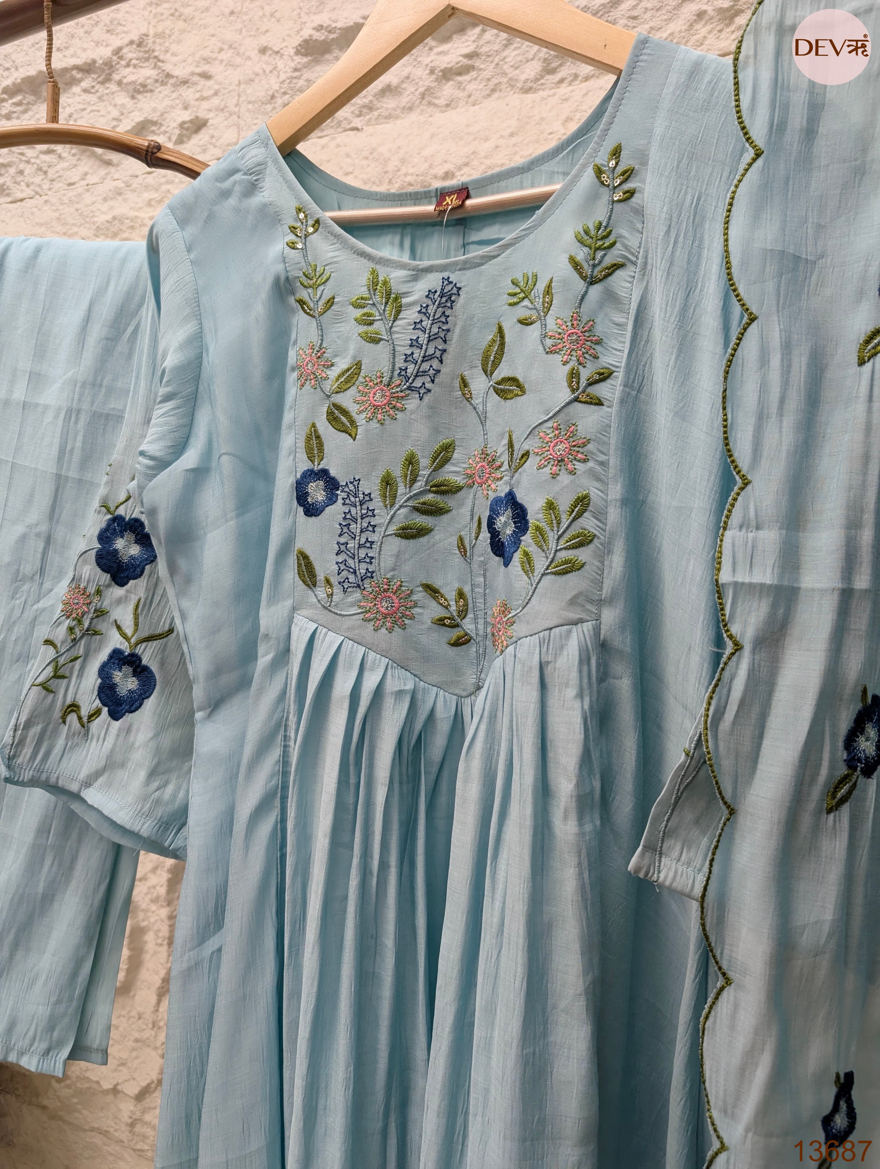 Gulnaar Mul Chanderi Embroidered Sky Blue 3-Piece Set (Devri – D.No 13687)