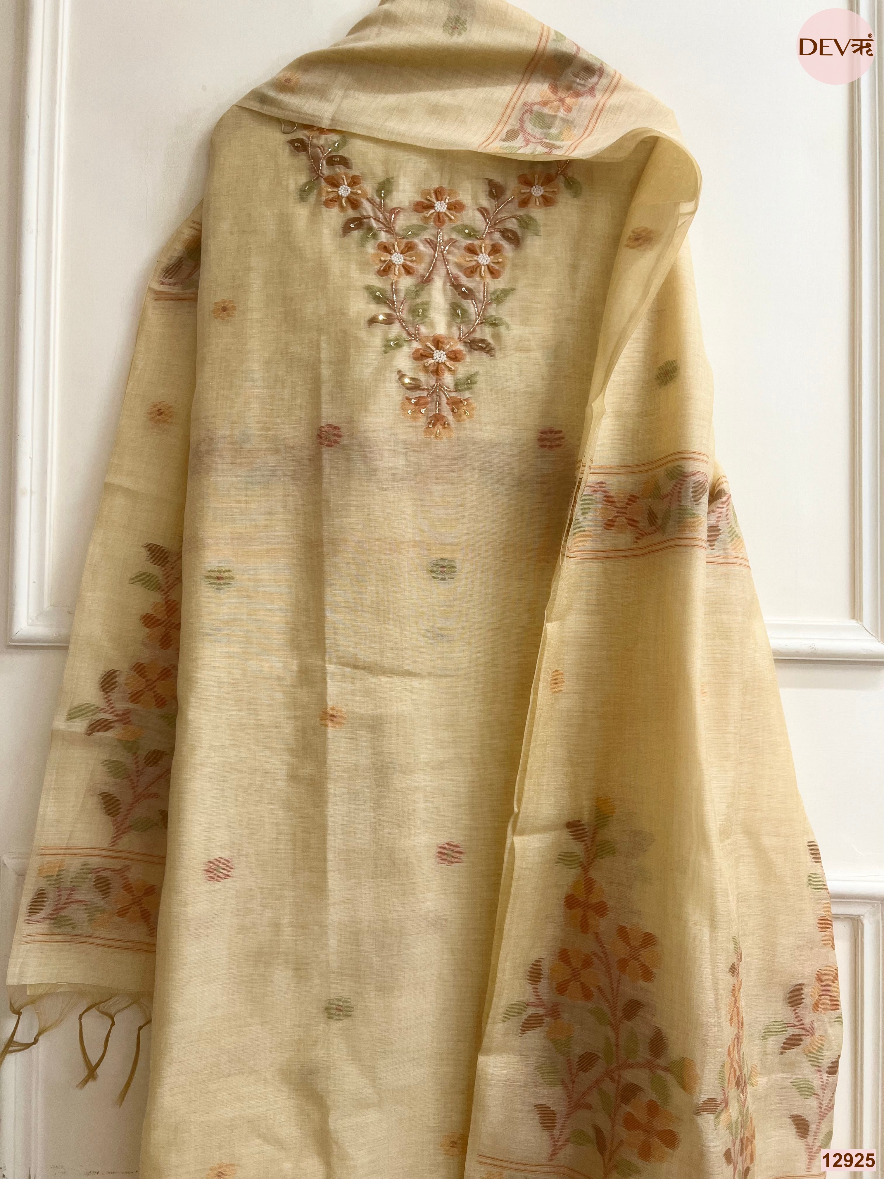 Cream Jamdani Cotton Embroidered Unstitched 3-Piece Suit (Devri – D.No 12925)