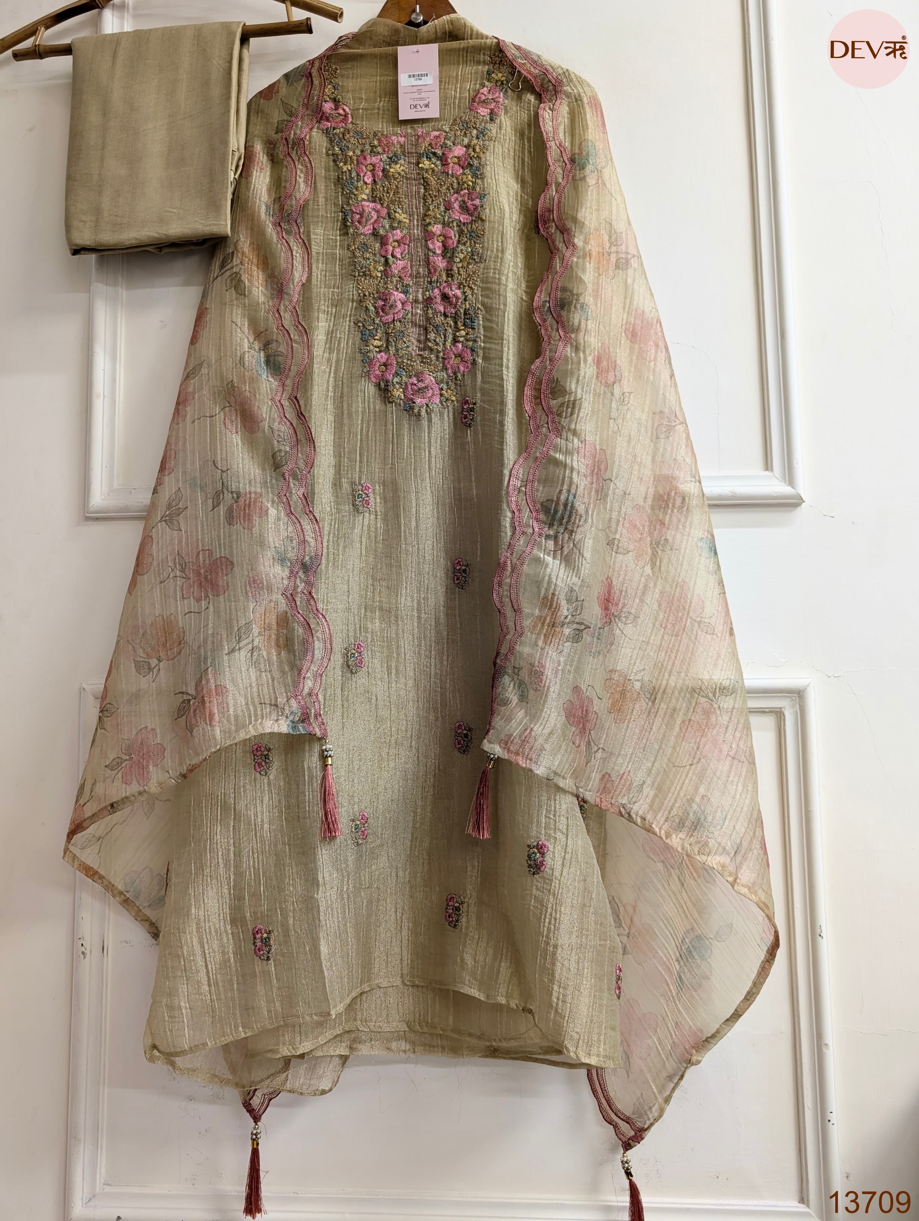 Beige Crush Tissue Silk Embroidered Unstitched 3-Piece Suit (Devri – D.No 13709)