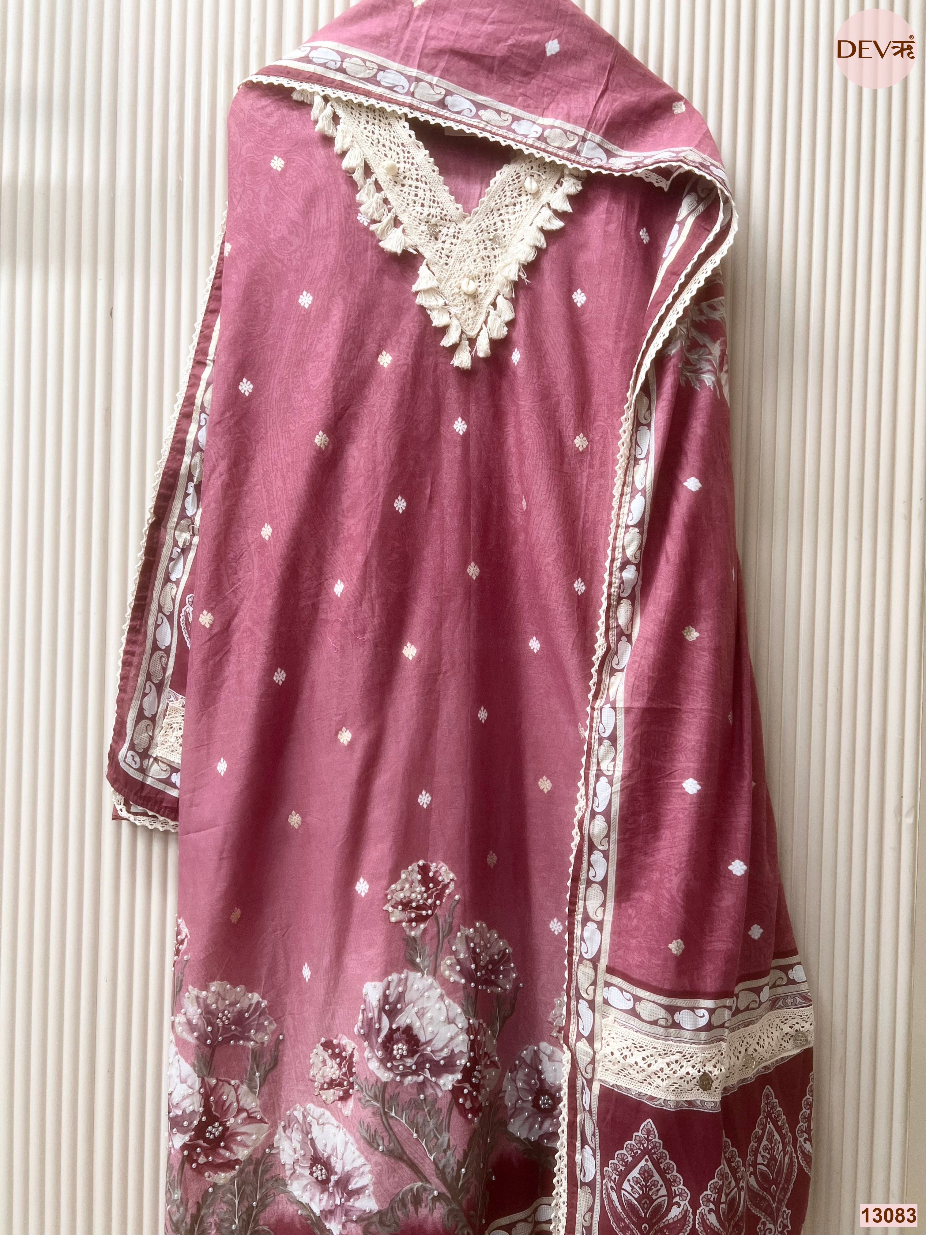 Pink Cotton Printed Unstitched 3-Piece Suit (Devri – D.No 13083)
