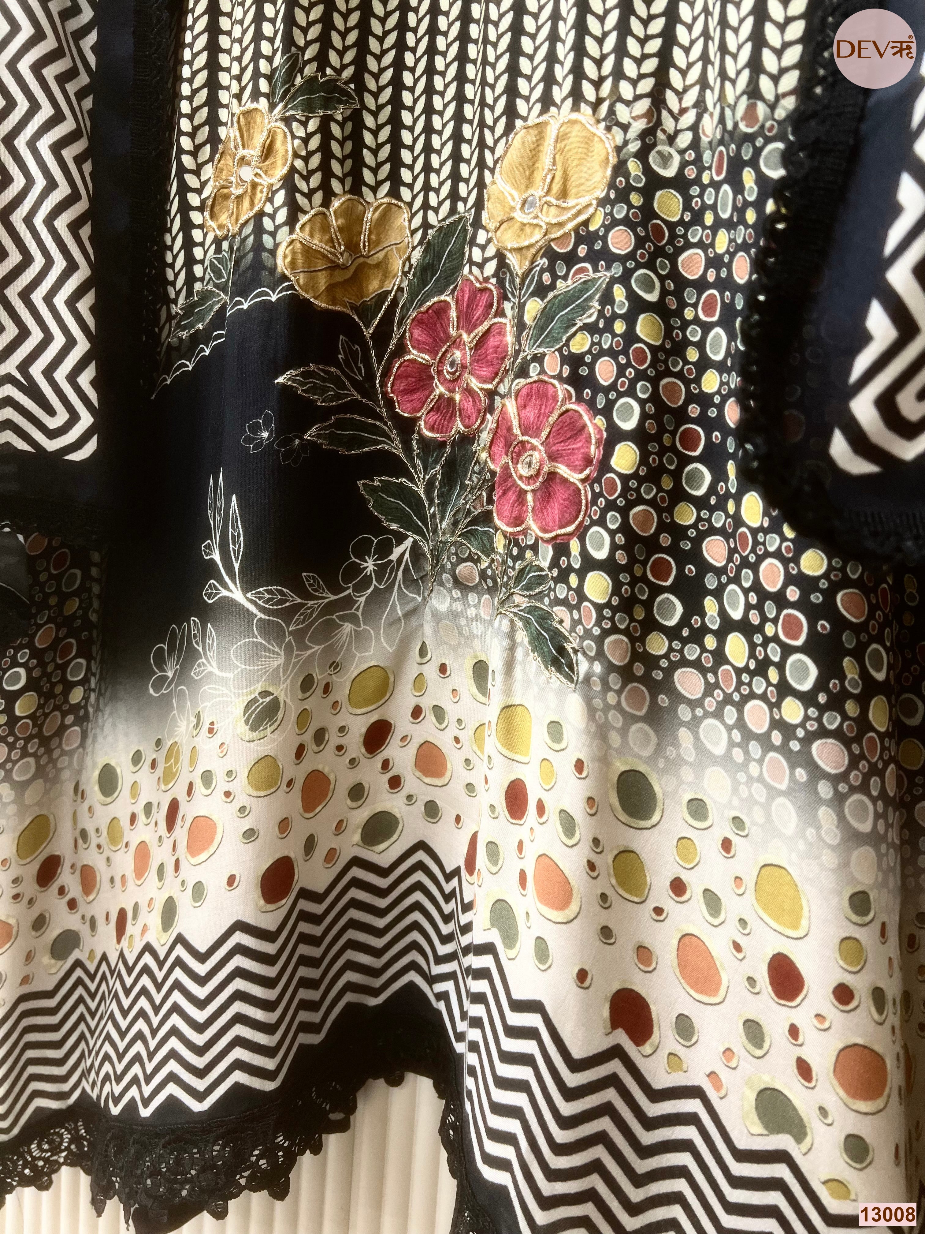 Black Muslin Printed Unstitched 3-Piece Suit (Devri – D.No 13008)