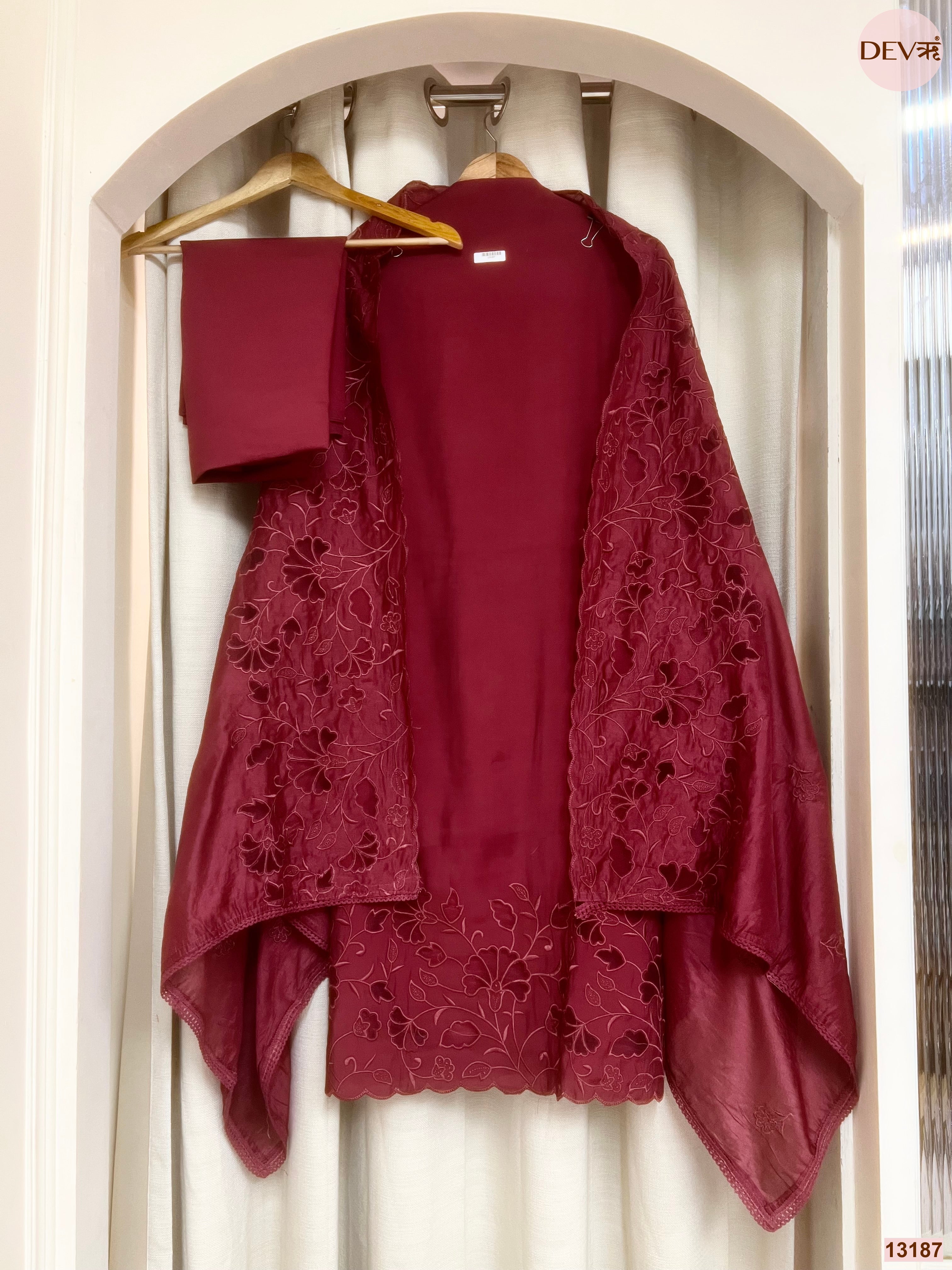 Maroon Roman Silk Embroidered Unstitched 3-Piece Suit (Devri – D.No 13187)