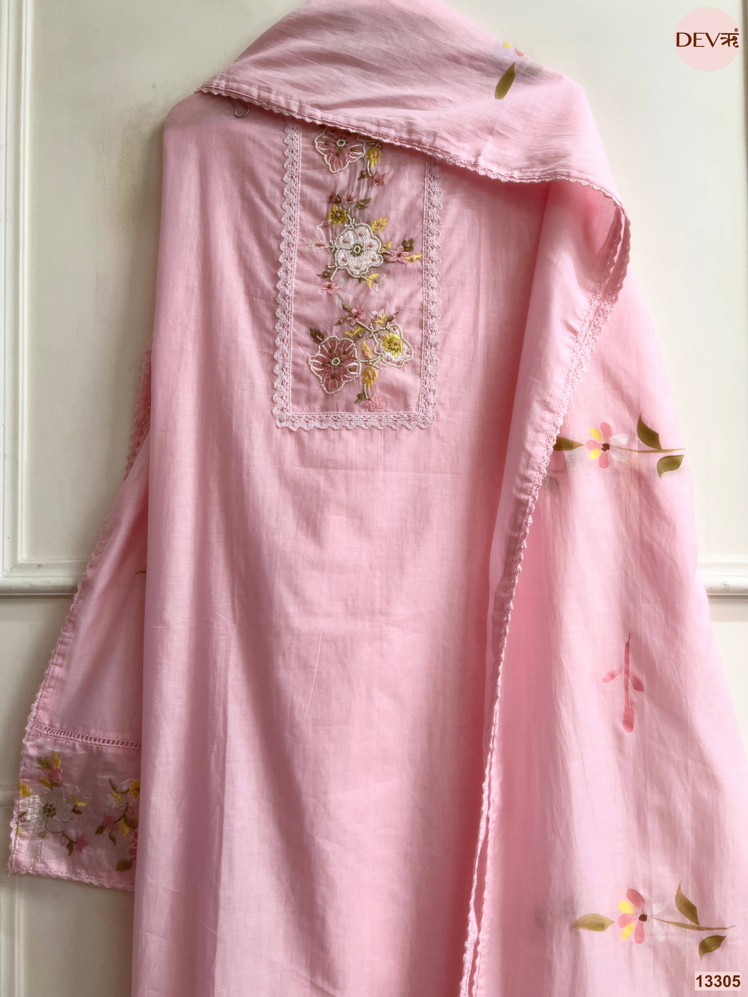 Pink Mul Cotton Embroidered Unstitched 3-Piece Suit (Devri – D.No 13305)