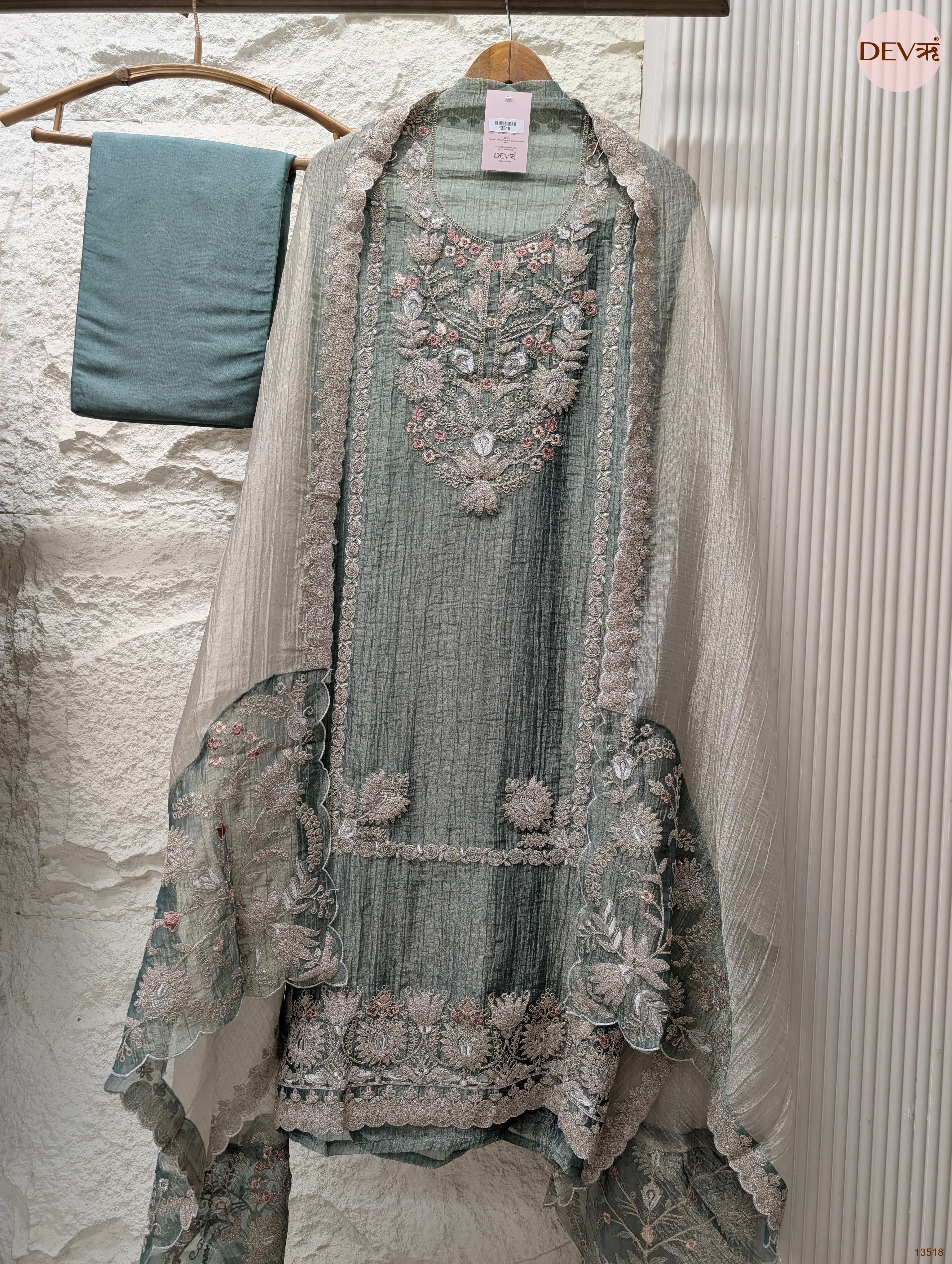 Green Tissue Silk Embroidered Unstitched 3-Piece Suit (Devri – D.No 13518)