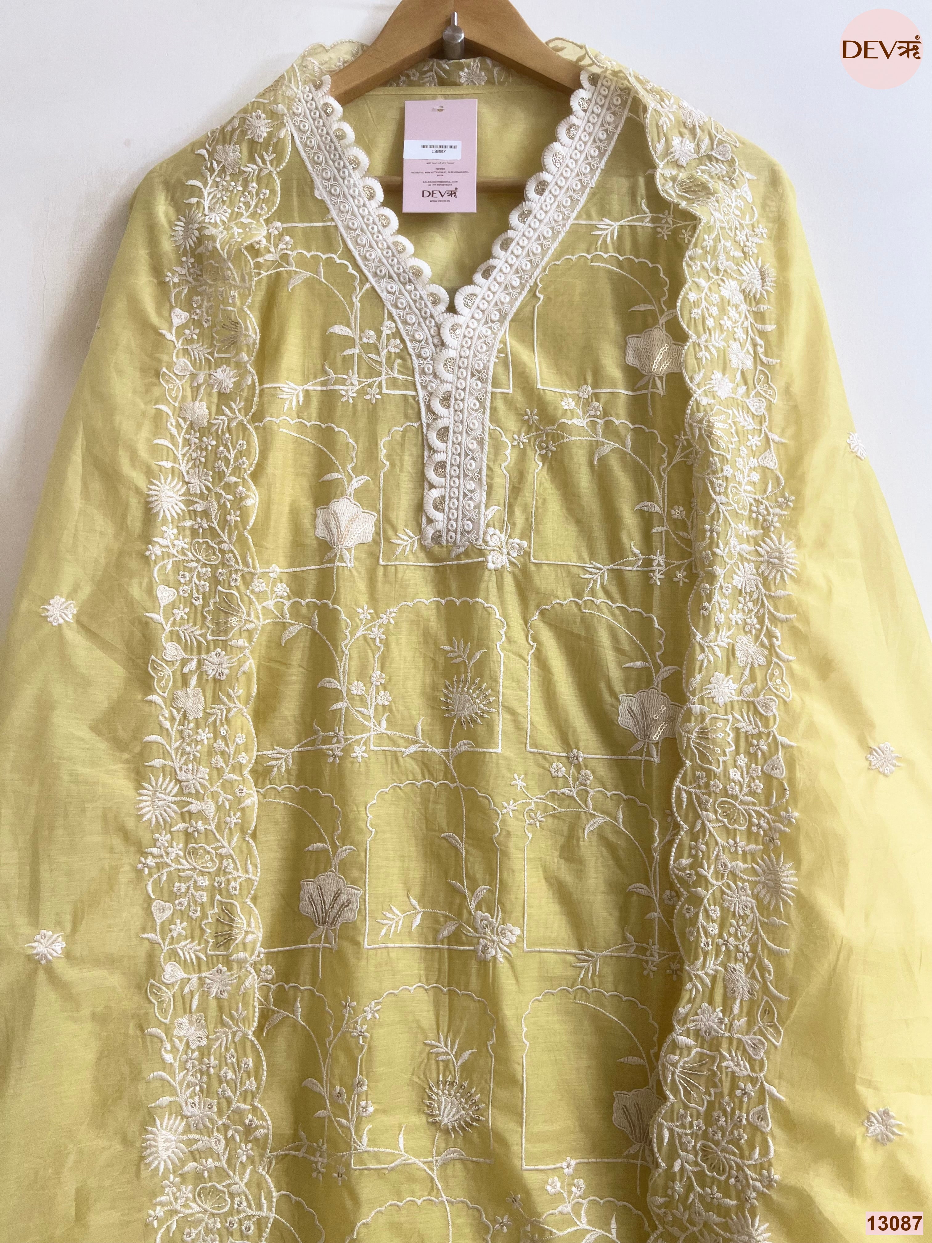 Yellow Mul Chanderi Embroidered Unstitched 3-Piece Suit (Devri – D.No 13087)