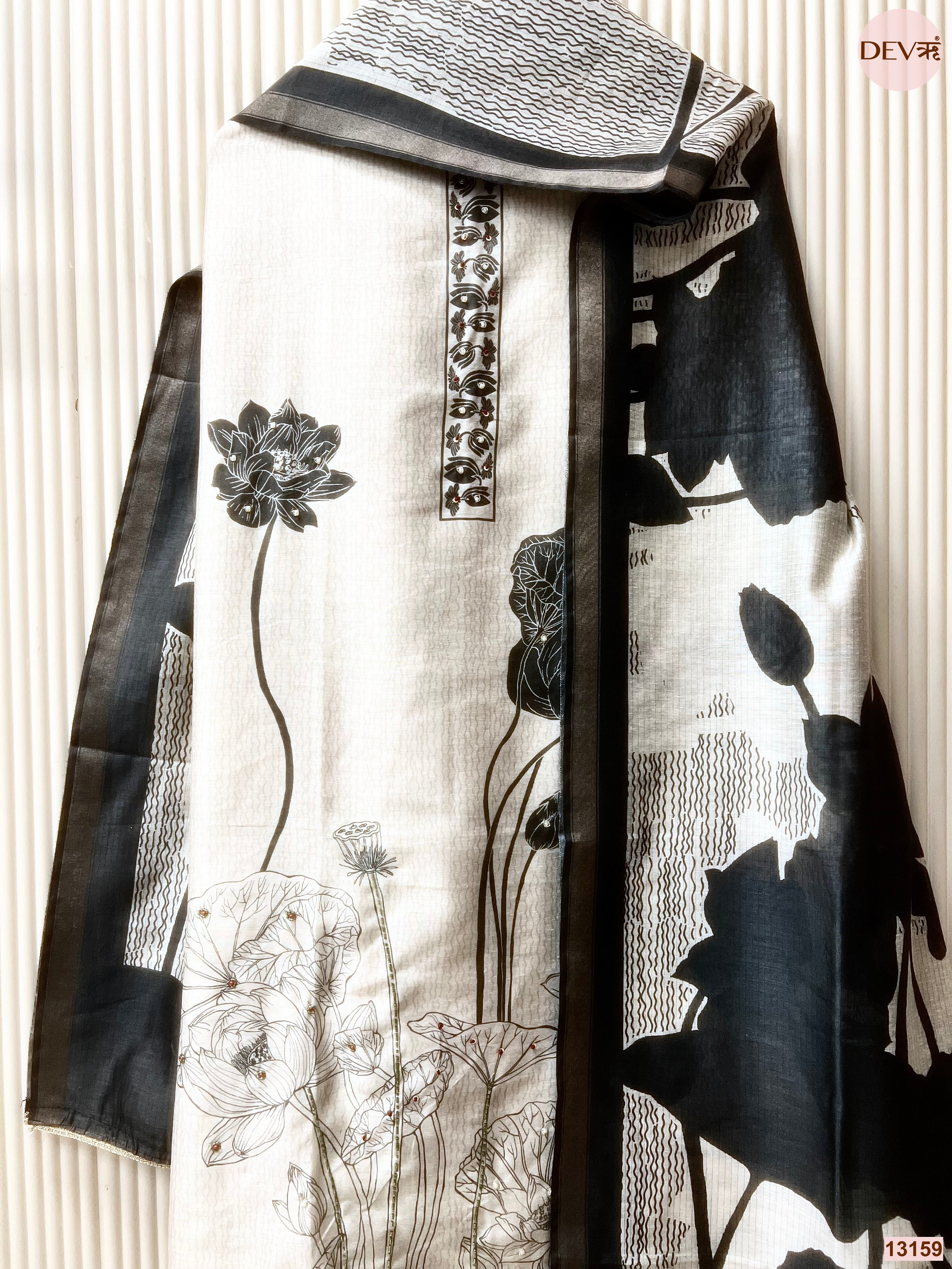White Mul Chanderi Printed Unstitched 3-Piece Suit (Devri – D.No 13159)