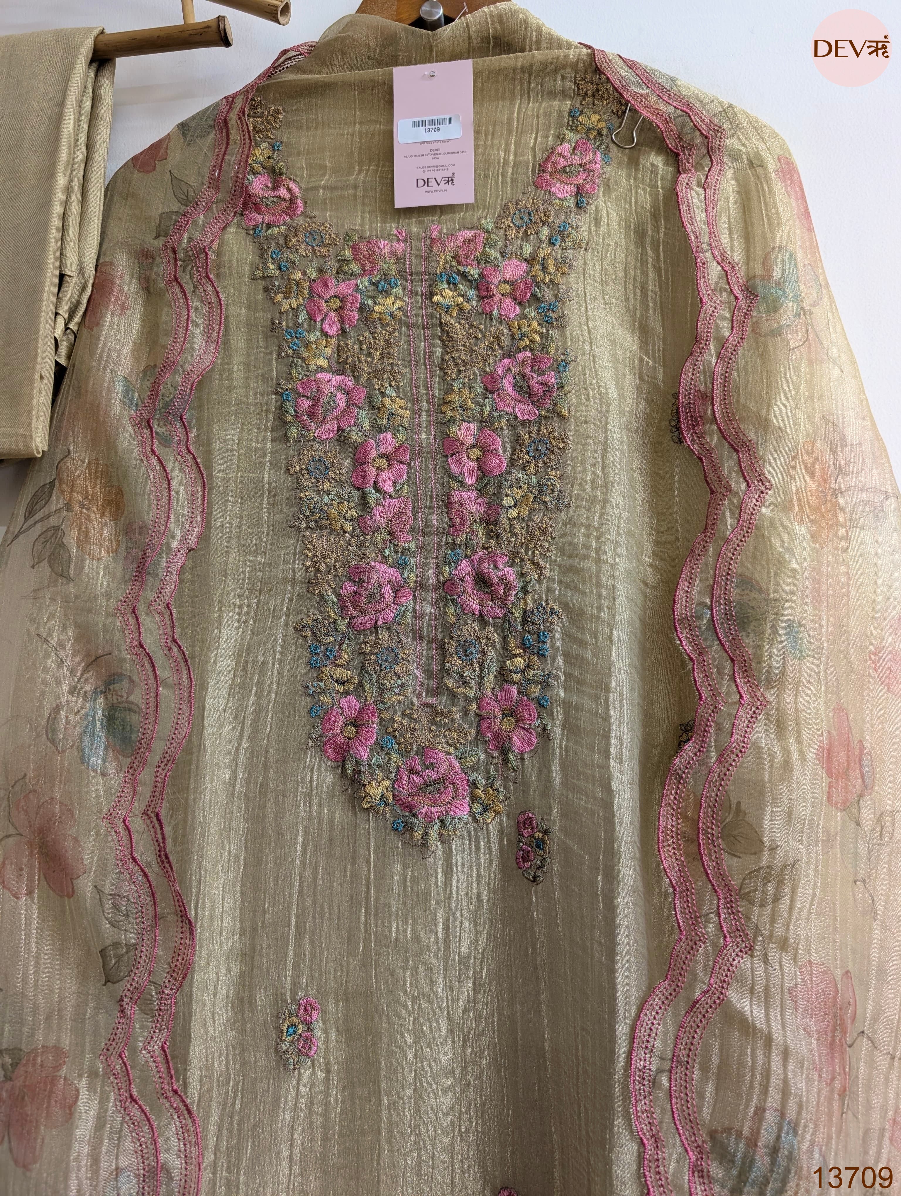 Beige Crush Tissue Silk Embroidered Unstitched 3-Piece Suit (Devri – D.No 13709)