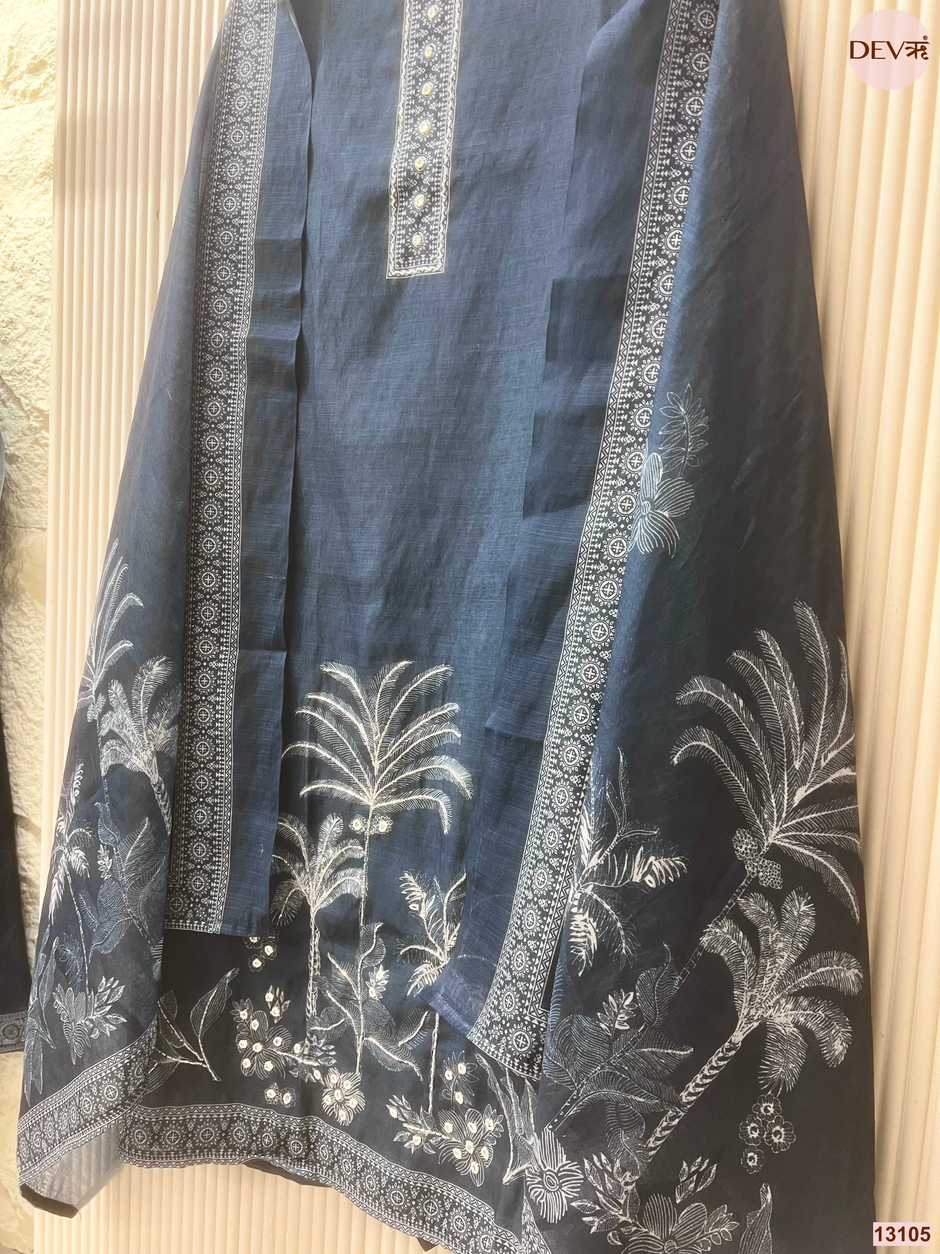 Navy Linen Cotton Printed Unstitched 3-Piece Suit (Devri – D.No 13105)