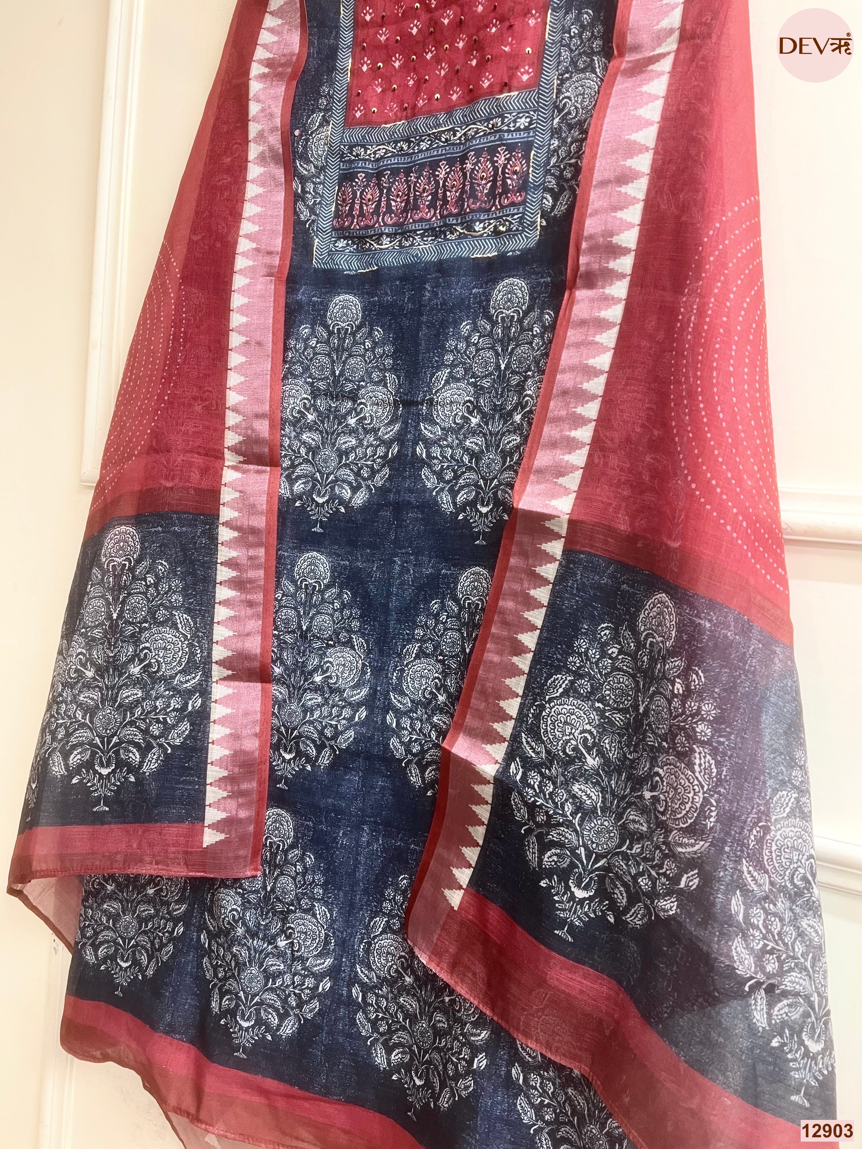 Maroon Linen Cotton Printed Unstitched 3-Piece Suit (Devri – D.No 12903)