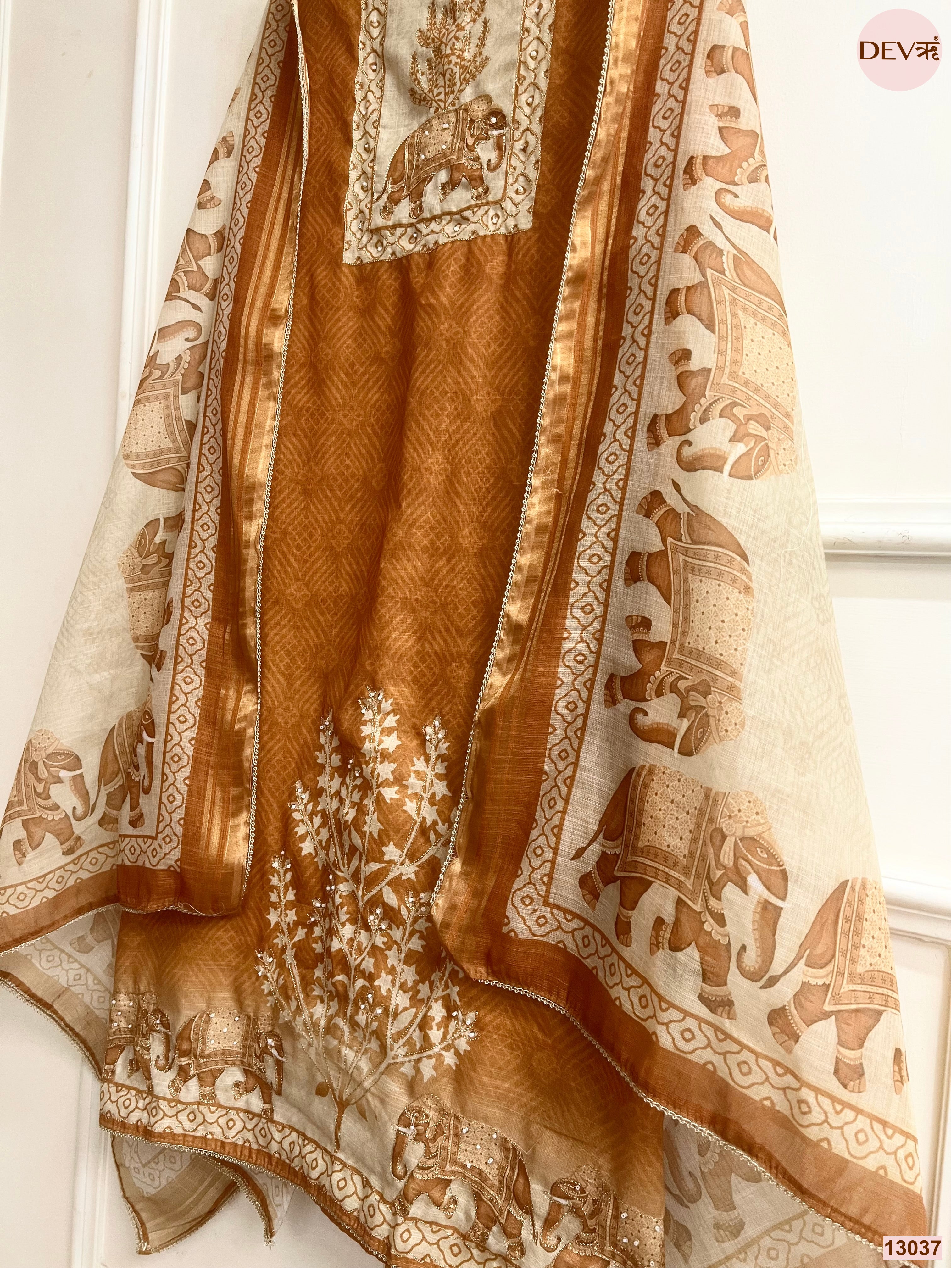 Mustard Linen Cotton Printed Unstitched 3-Piece Suit (Devri – D.No 13037)