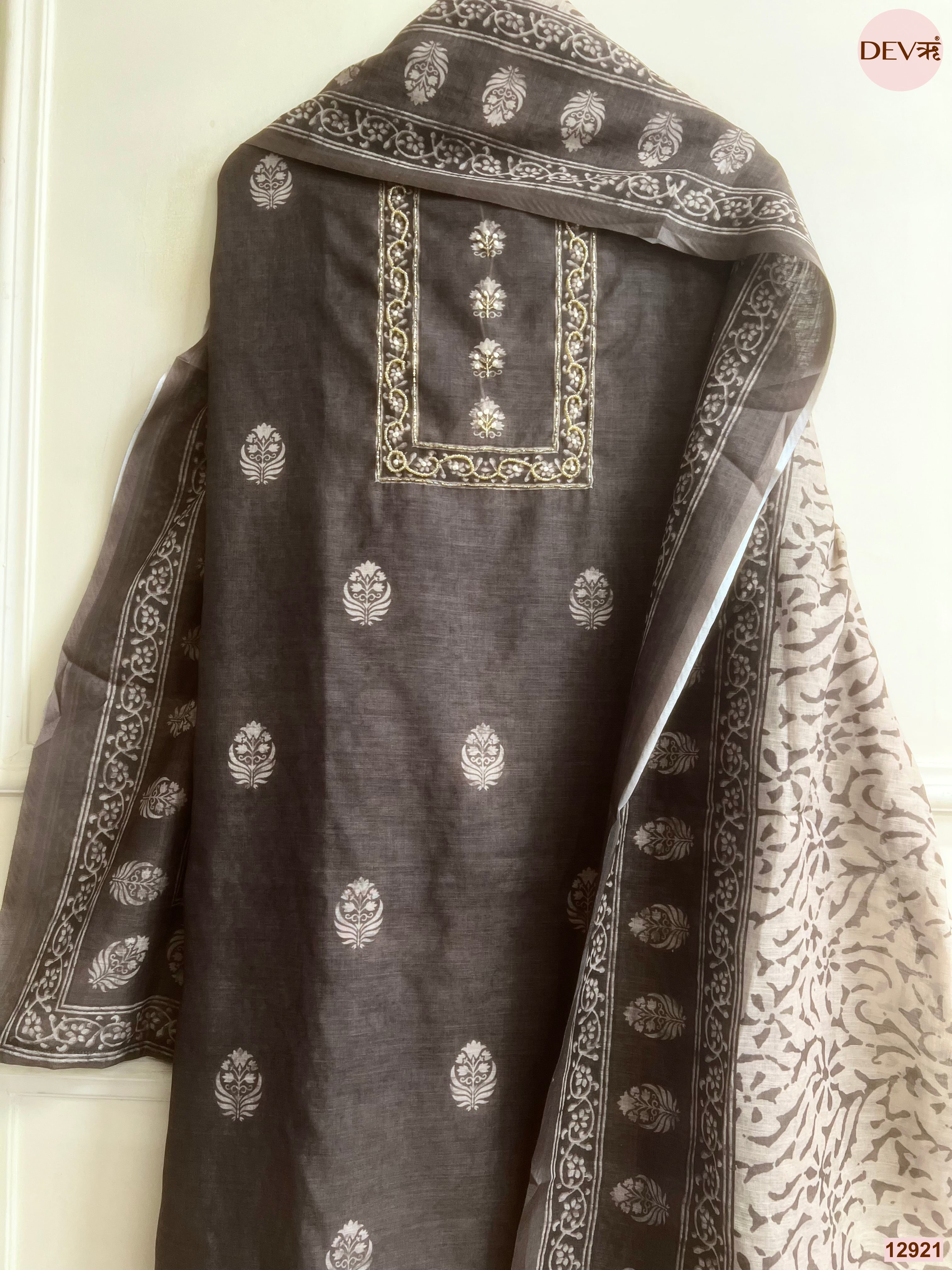 Black Linen Cotton Printed Unstitched 3-Piece Suit (Devri – D.No 12921)