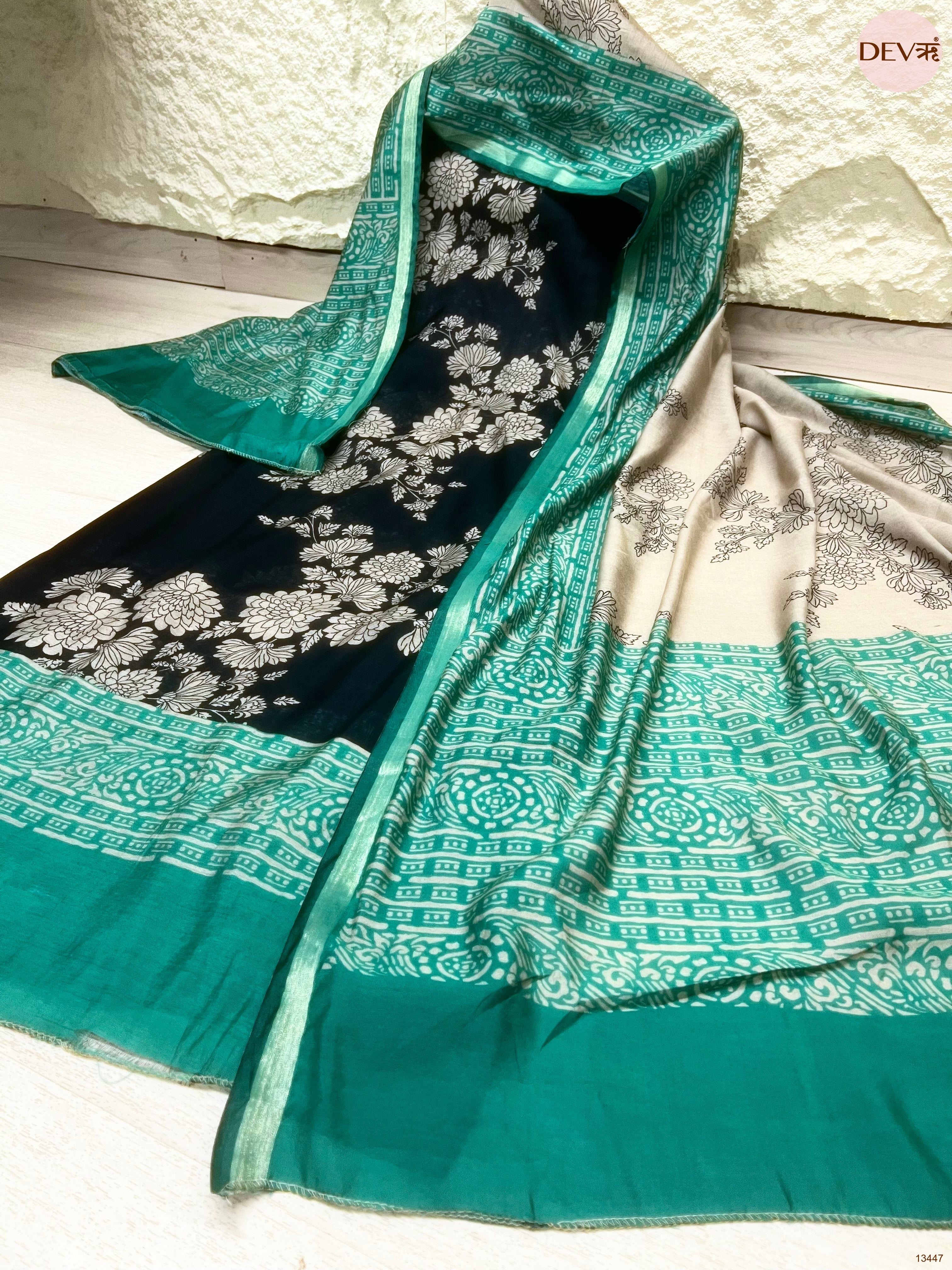 Black Maheshwari Silk Printed Unstitched 3-Piece Suit (Devri – D.No 13447)