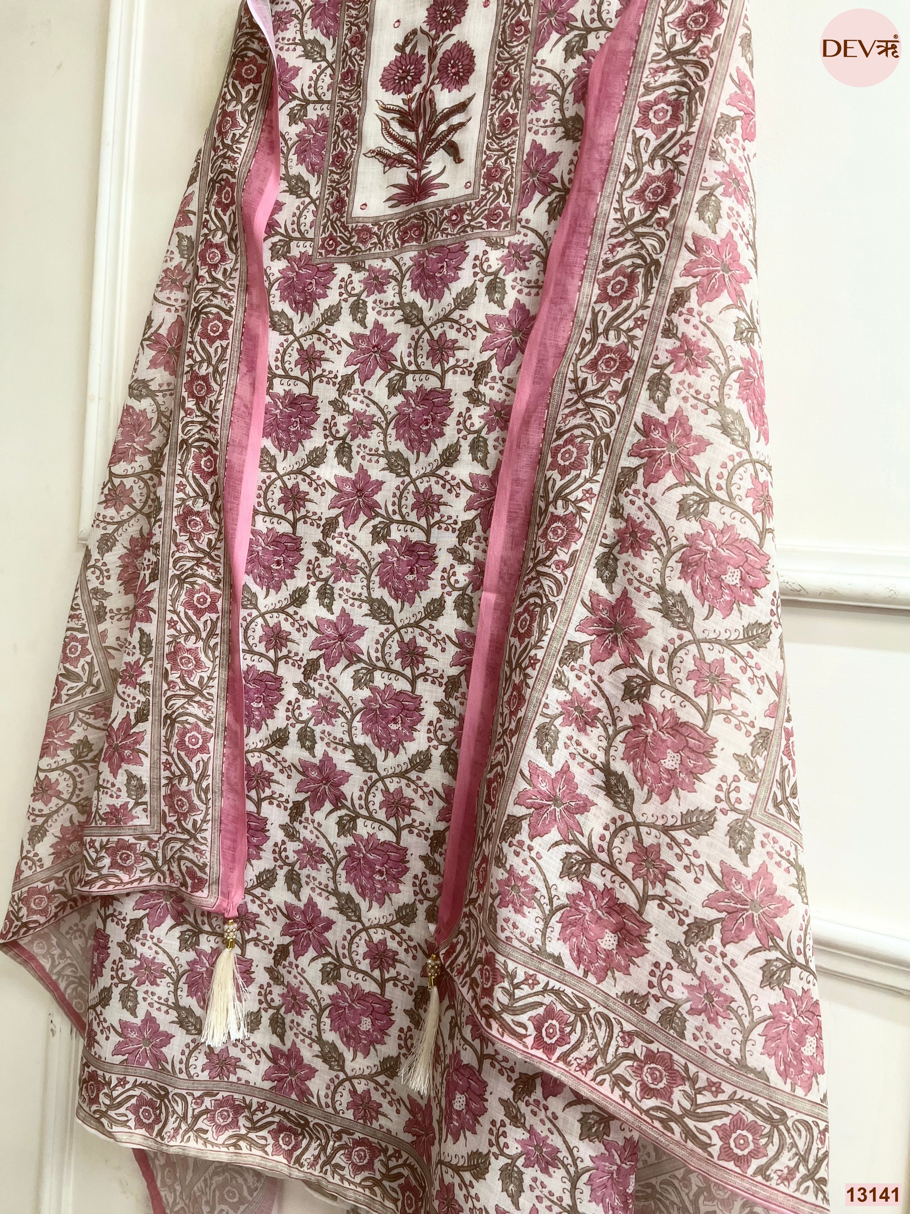 Pink Linen Printed Unstitched 3-Piece Suit (Devri – D.No 13141)