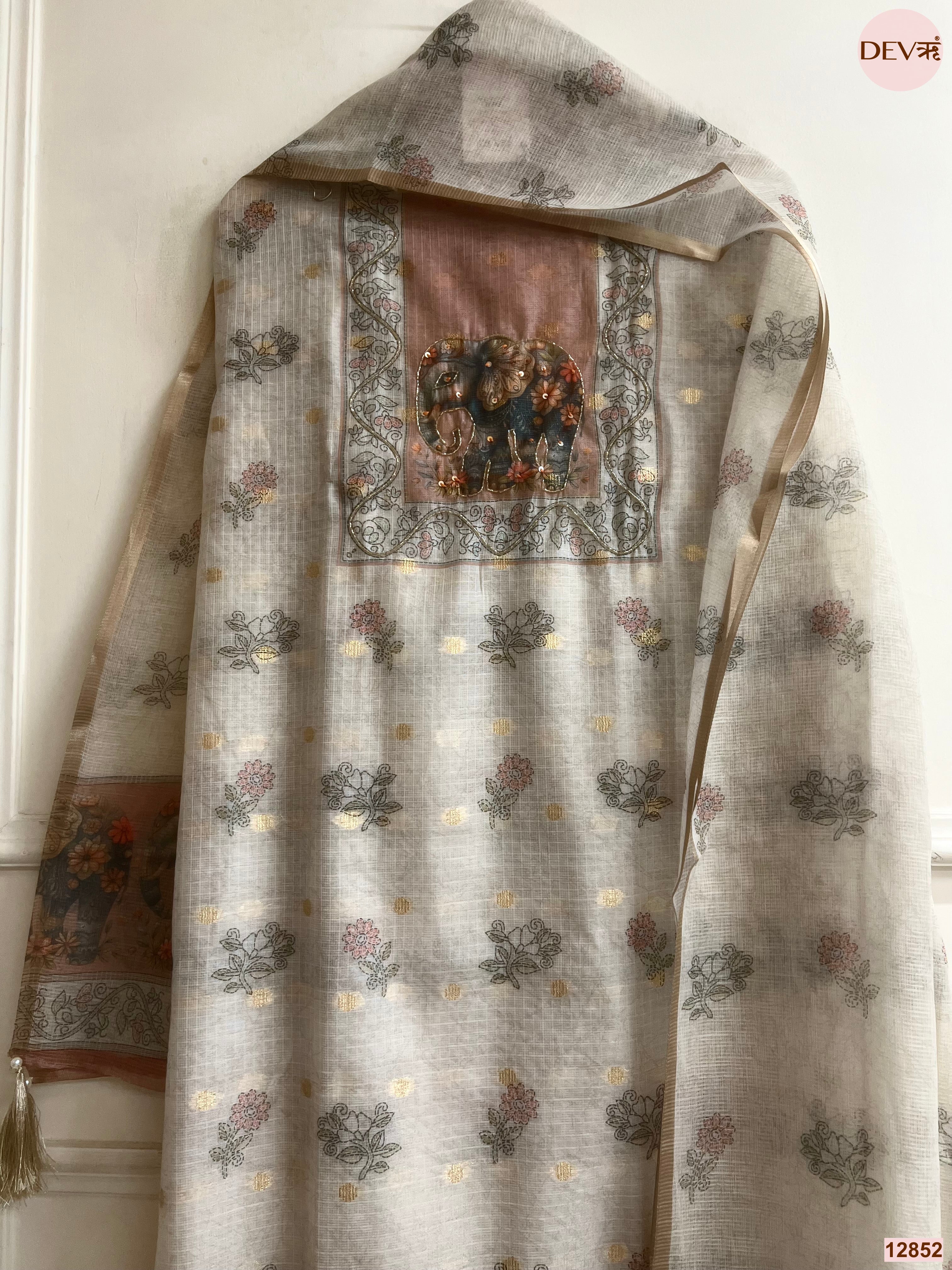 Dusty Pink Linen Cotton Printed Unstitched 3-Piece Suit (Devri – D.No 12852)