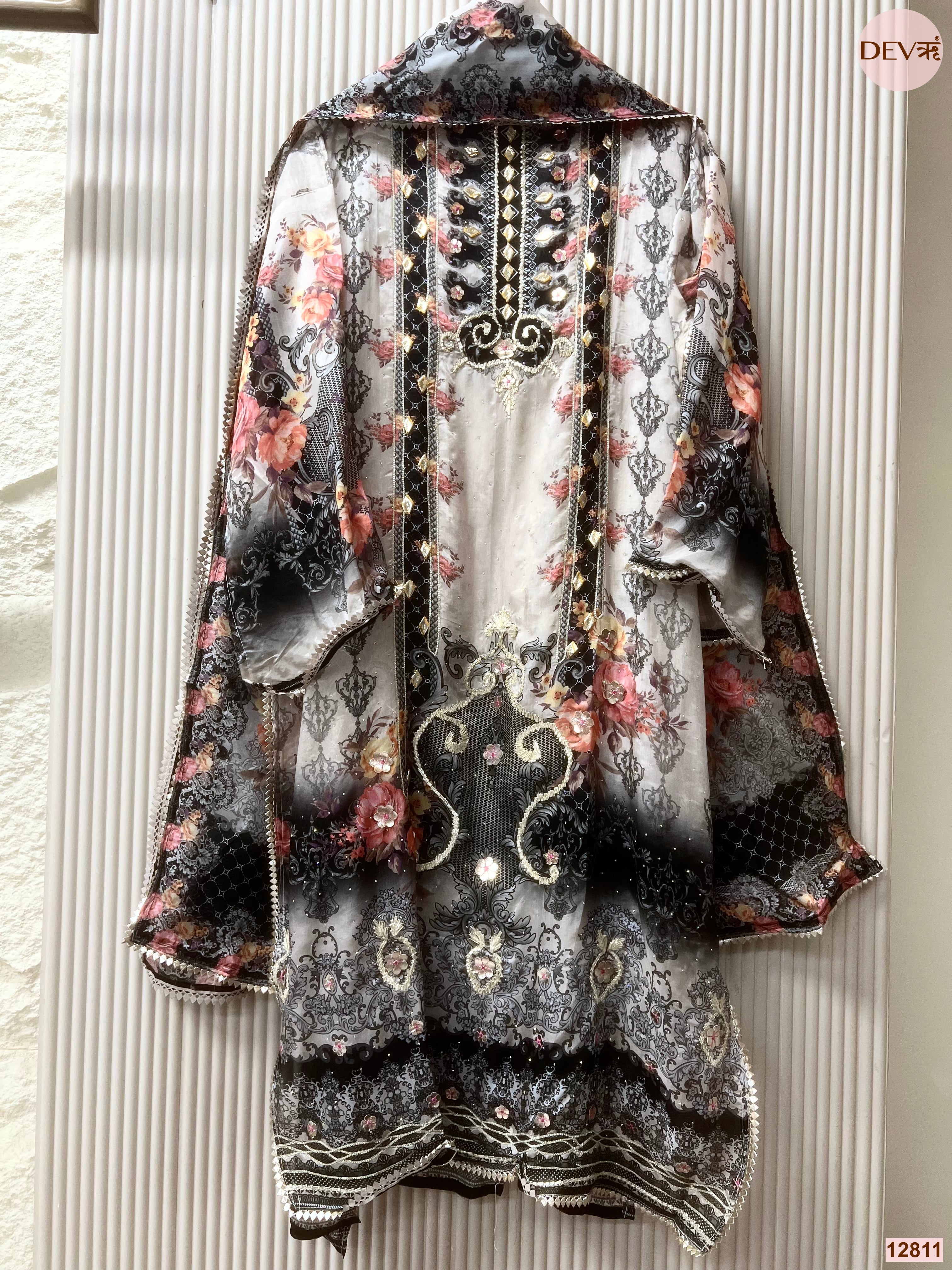 Grey Glass Organza Silk Printed Unstitched 3-Piece Suit (Devri – D.No 12811)